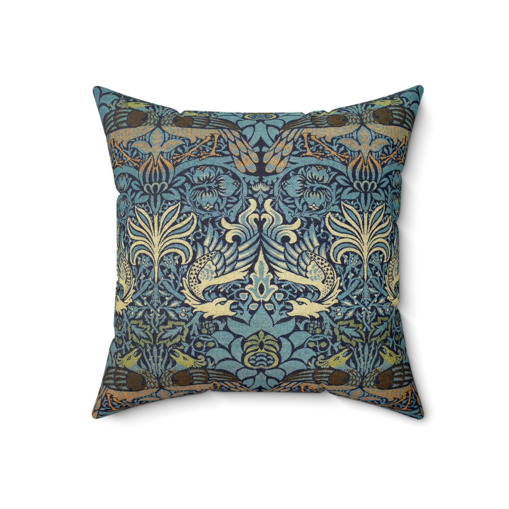 A square-shaped throw pillow with a  William Morris & Co floral and peacock design on a dark blue background with a visible concealed zipper.