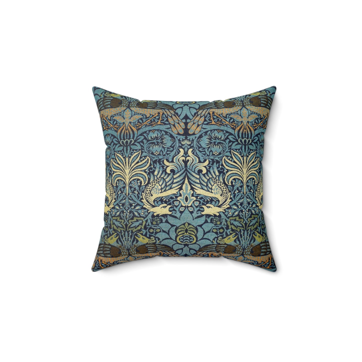 A square-shaped throw pillow with a  William Morris & Co floral and peacock design on a dark blue background with a visible concealed zipper.