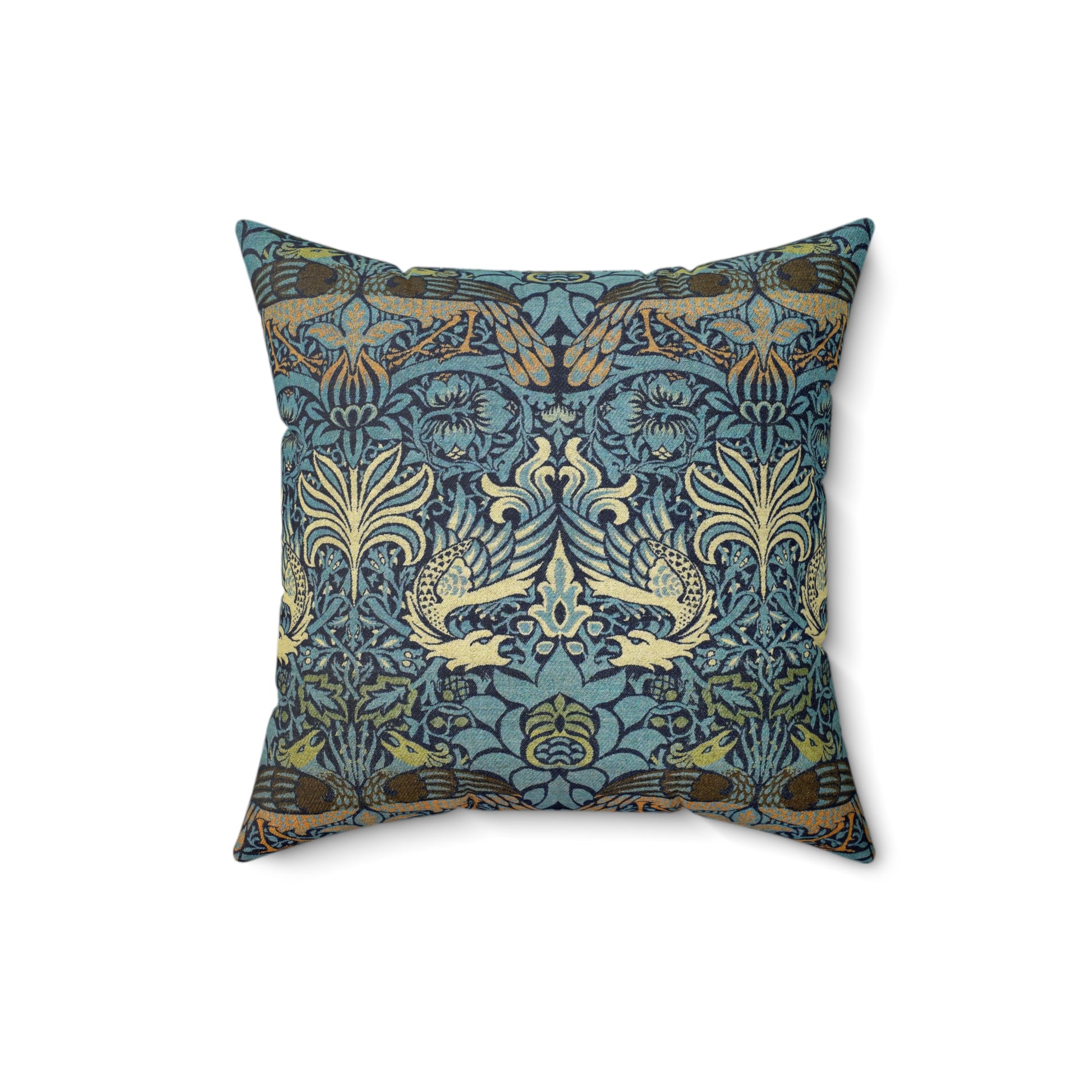 A square-shaped throw pillow with a  William Morris & Co floral and peacock design on a dark blue background with a visible concealed zipper.