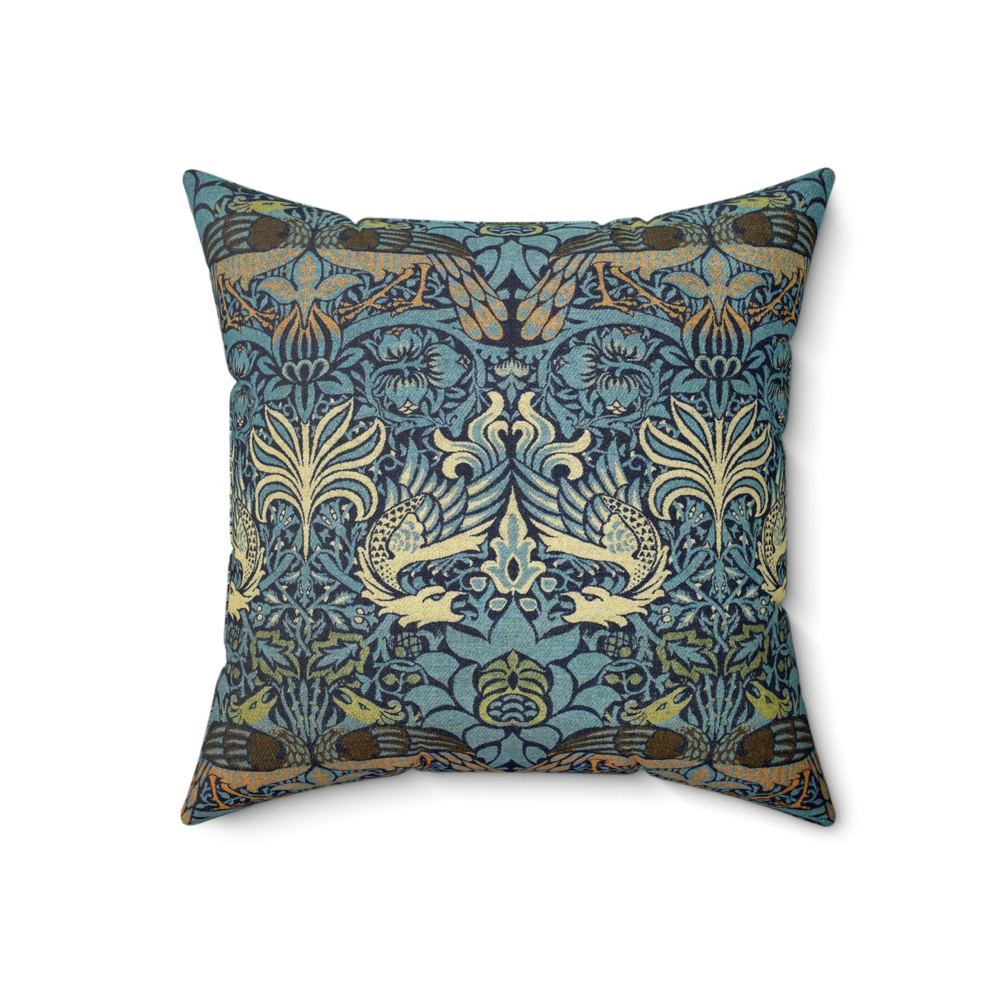 A square-shaped throw pillow with a  William Morris & Co floral and peacock design on a dark blue background with a visible concealed zipper.