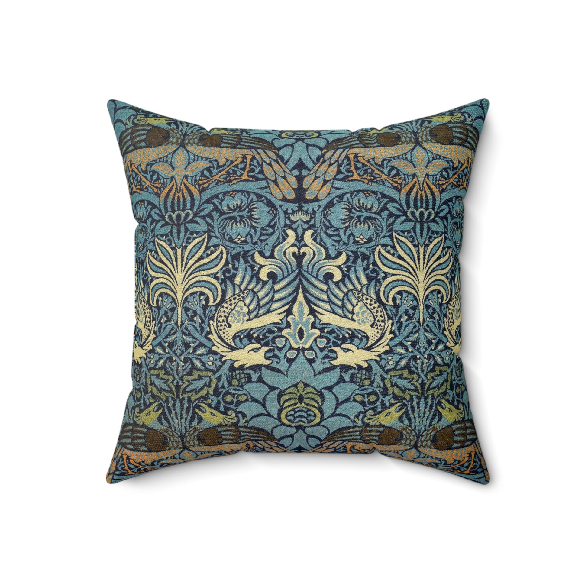 A square-shaped throw pillow with a  William Morris & Co floral and peacock design on a dark blue background with a visible concealed zipper.