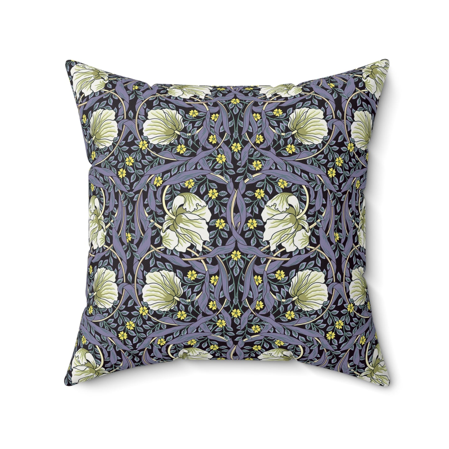 A square-shaped faux suede cushion with an floral William Morris & Co pattern called Pimpernel in shades of purple, green and yellow.