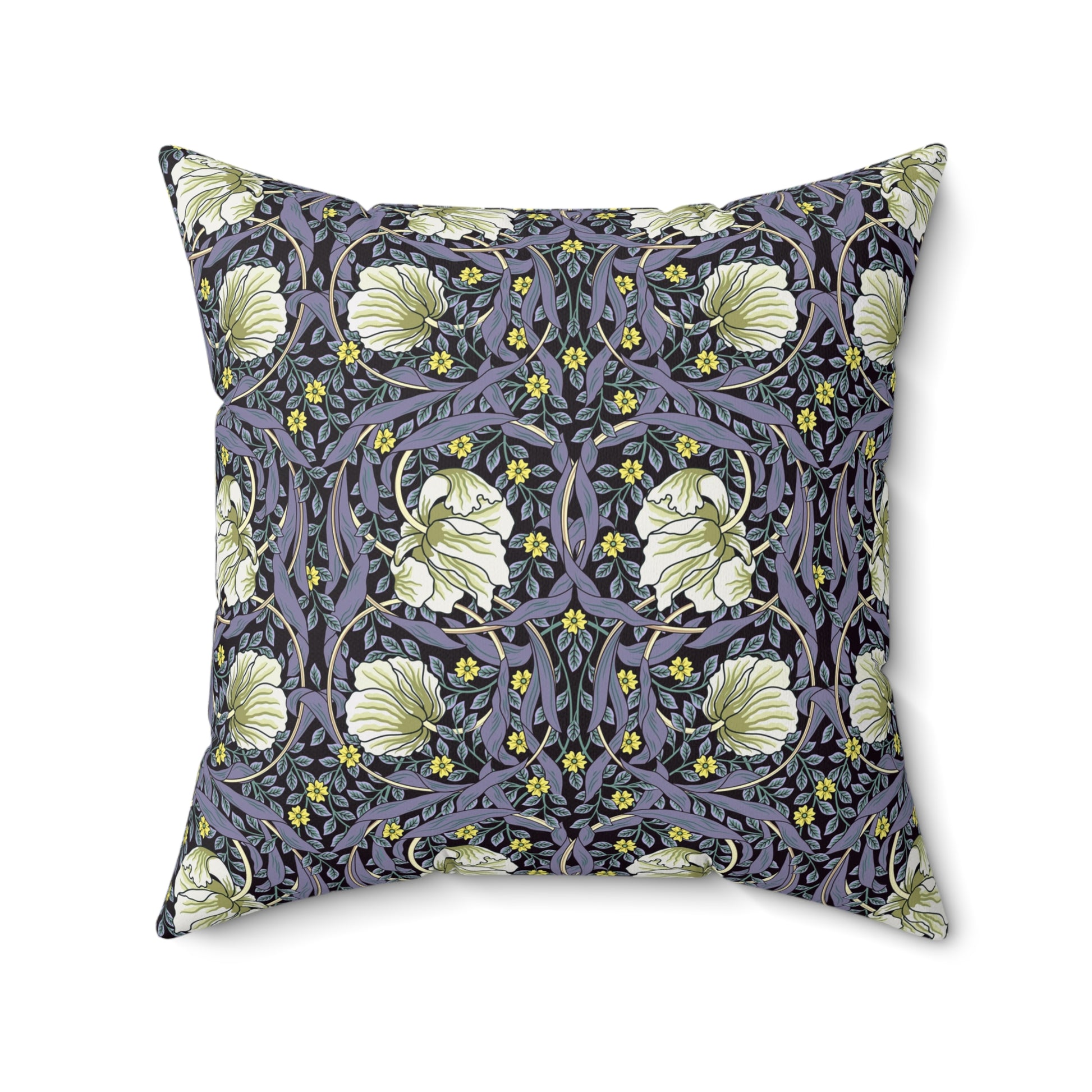 A square-shaped faux suede cushion with an floral William Morris & Co pattern called Pimpernel in shades of purple, green and yellow.