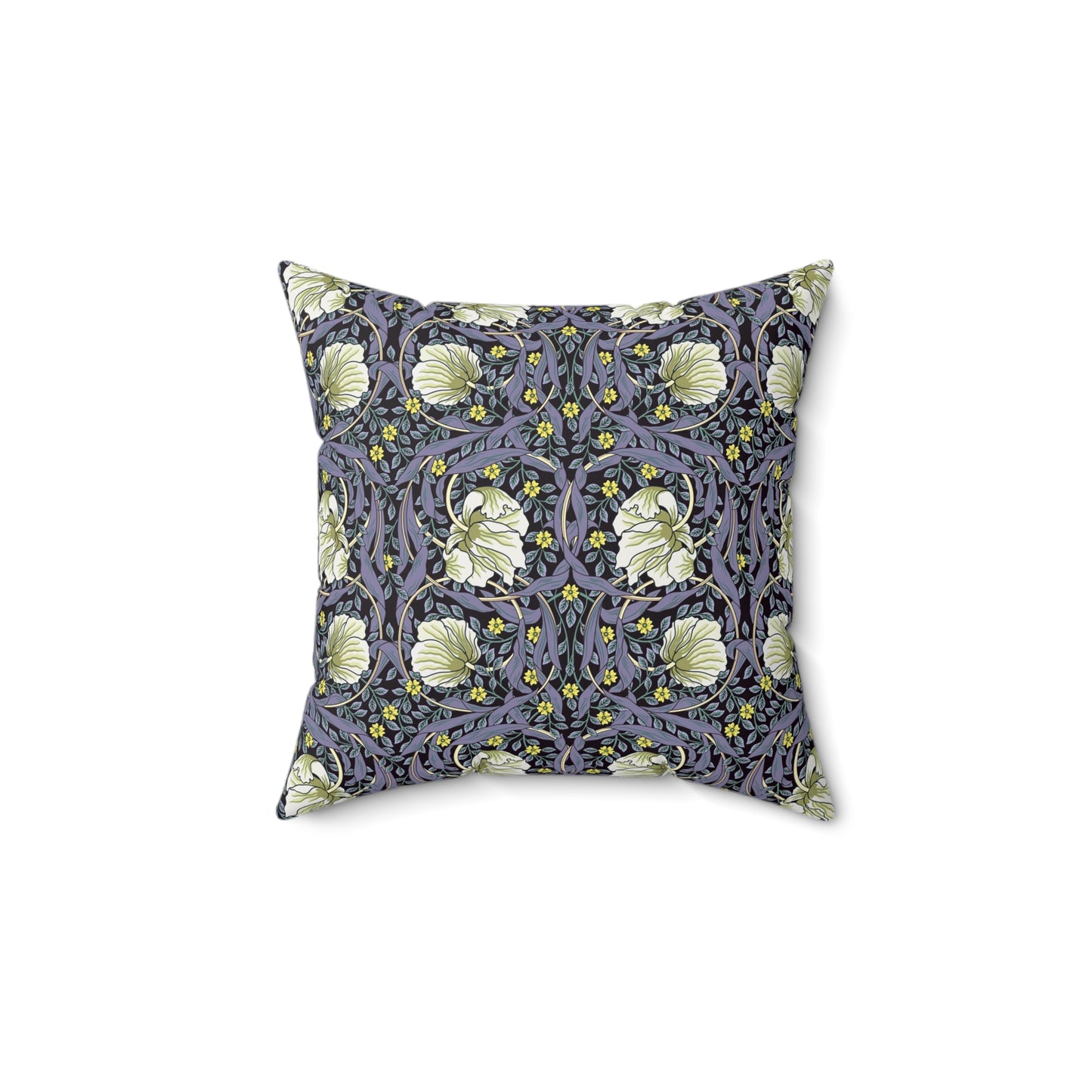 A square-shaped faux suede cushion with an floral William Morris & Co pattern called Pimpernel in shades of purple, green and yellow.