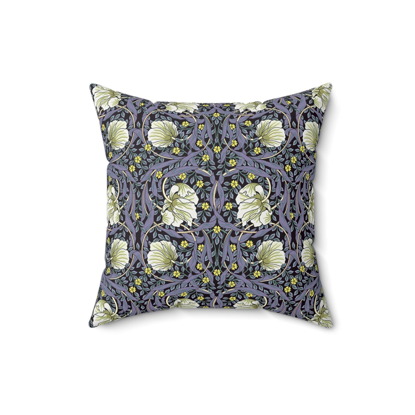 A square-shaped faux suede cushion with an floral William Morris & Co pattern called Pimpernel in shades of purple, green and yellow.