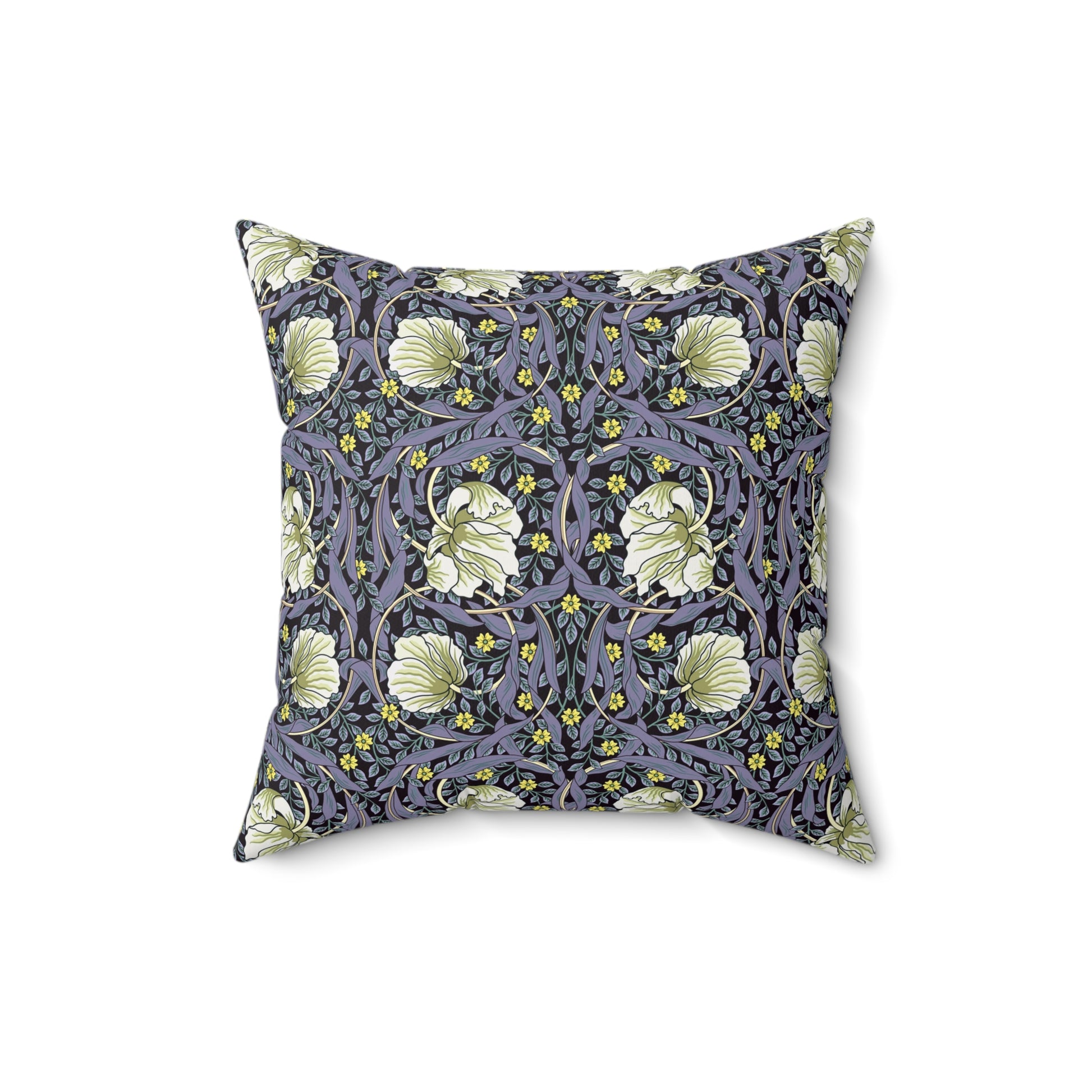 A square-shaped faux suede cushion with an floral William Morris & Co pattern called Pimpernel in shades of purple, green and yellow.