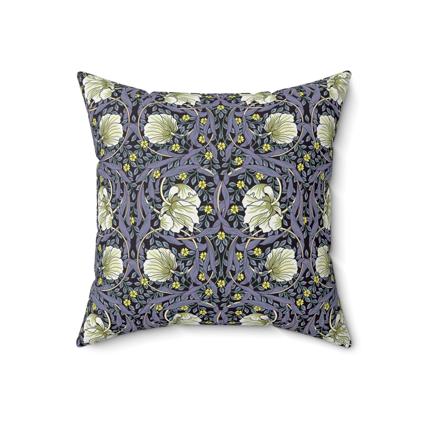 A square-shaped faux suede cushion with an floral William Morris & Co pattern called Pimpernel in shades of purple, green and yellow.