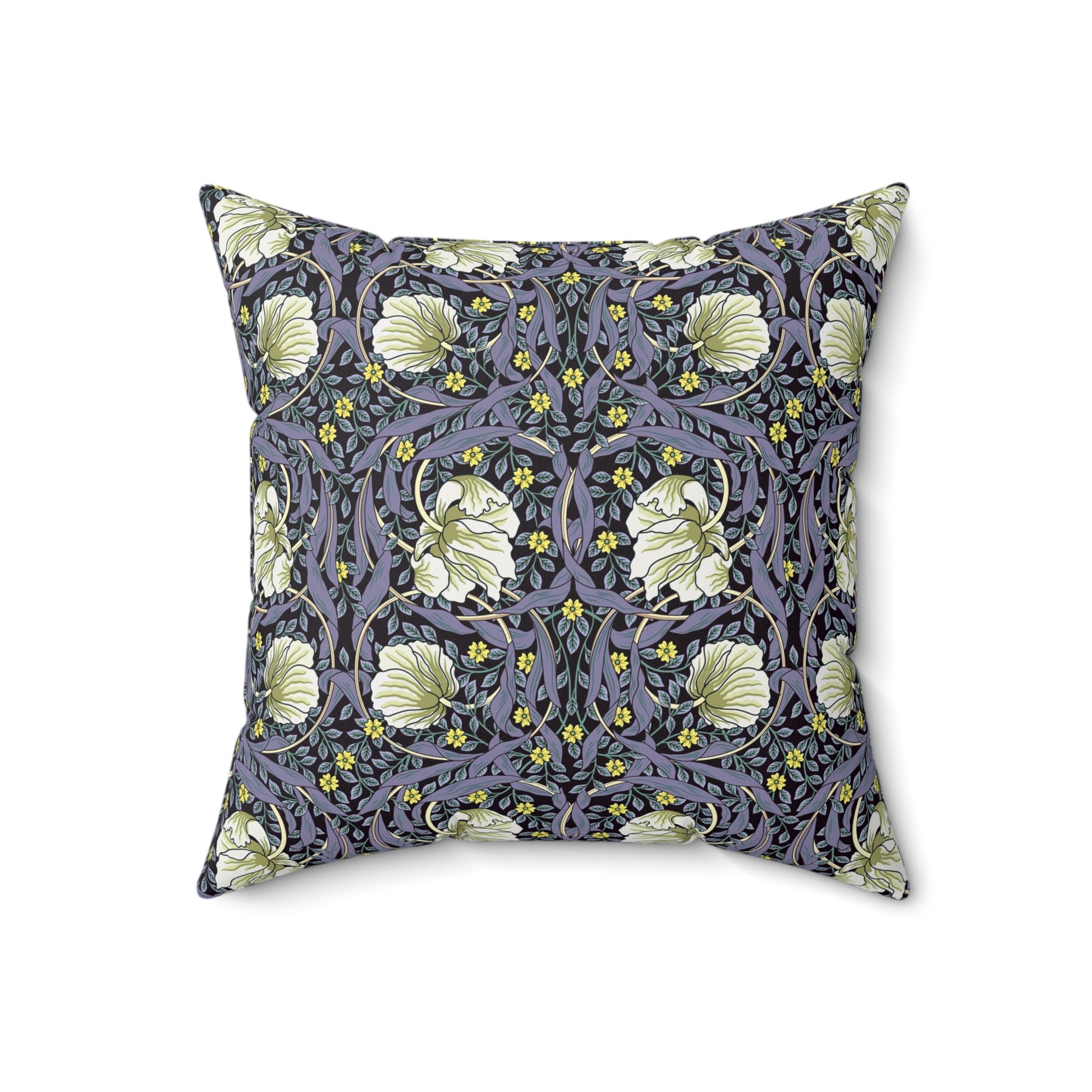 A square-shaped faux suede cushion with an floral William Morris & Co pattern called Pimpernel in shades of purple, green and yellow.