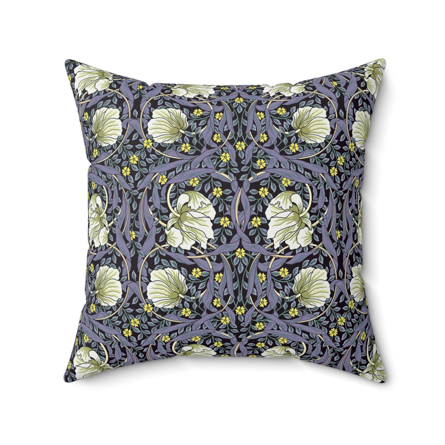 A square-shaped faux suede cushion with an floral William Morris & Co pattern called Pimpernel in shades of purple, green and yellow.