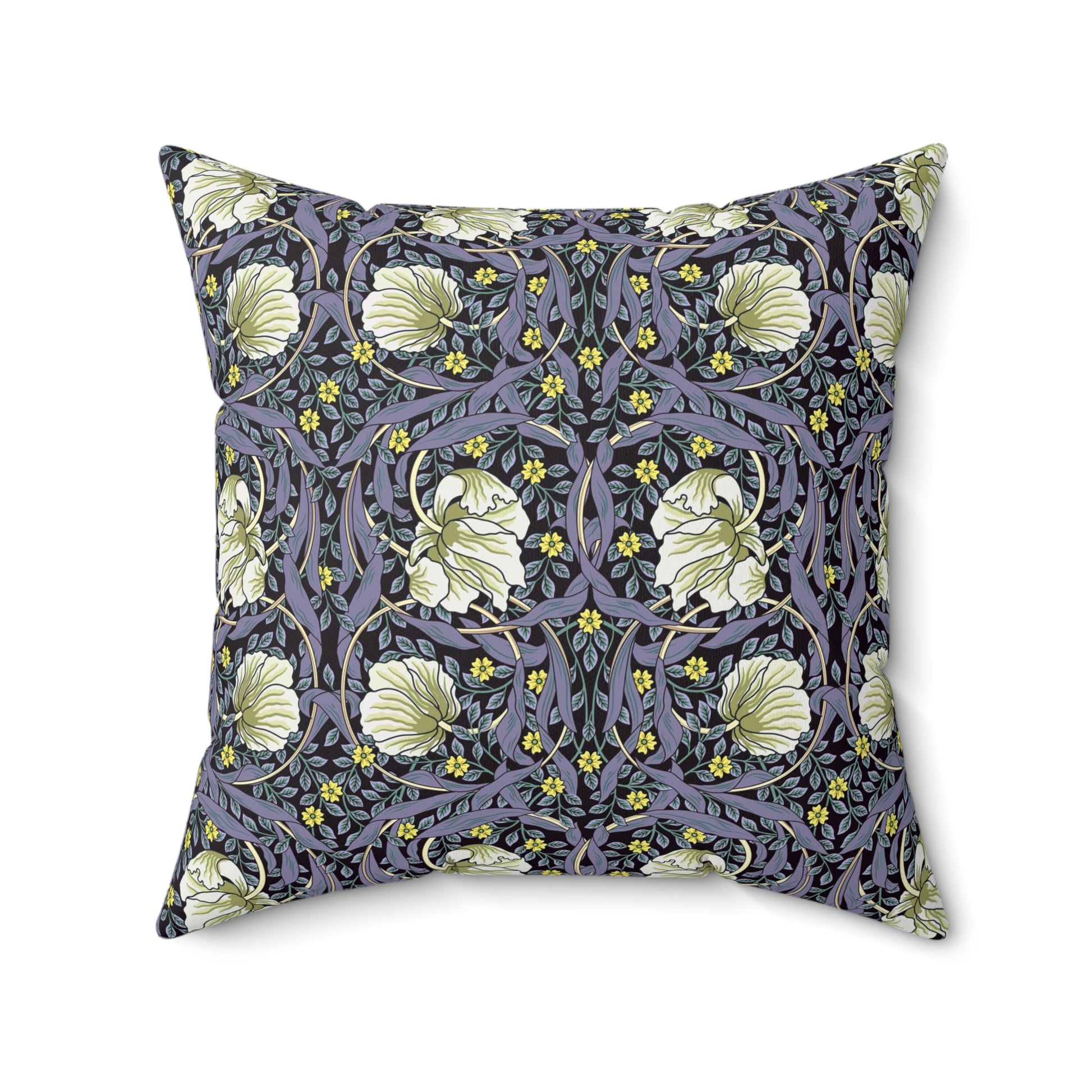 A square-shaped faux suede cushion with an floral William Morris & Co pattern called Pimpernel in shades of purple, green and yellow.