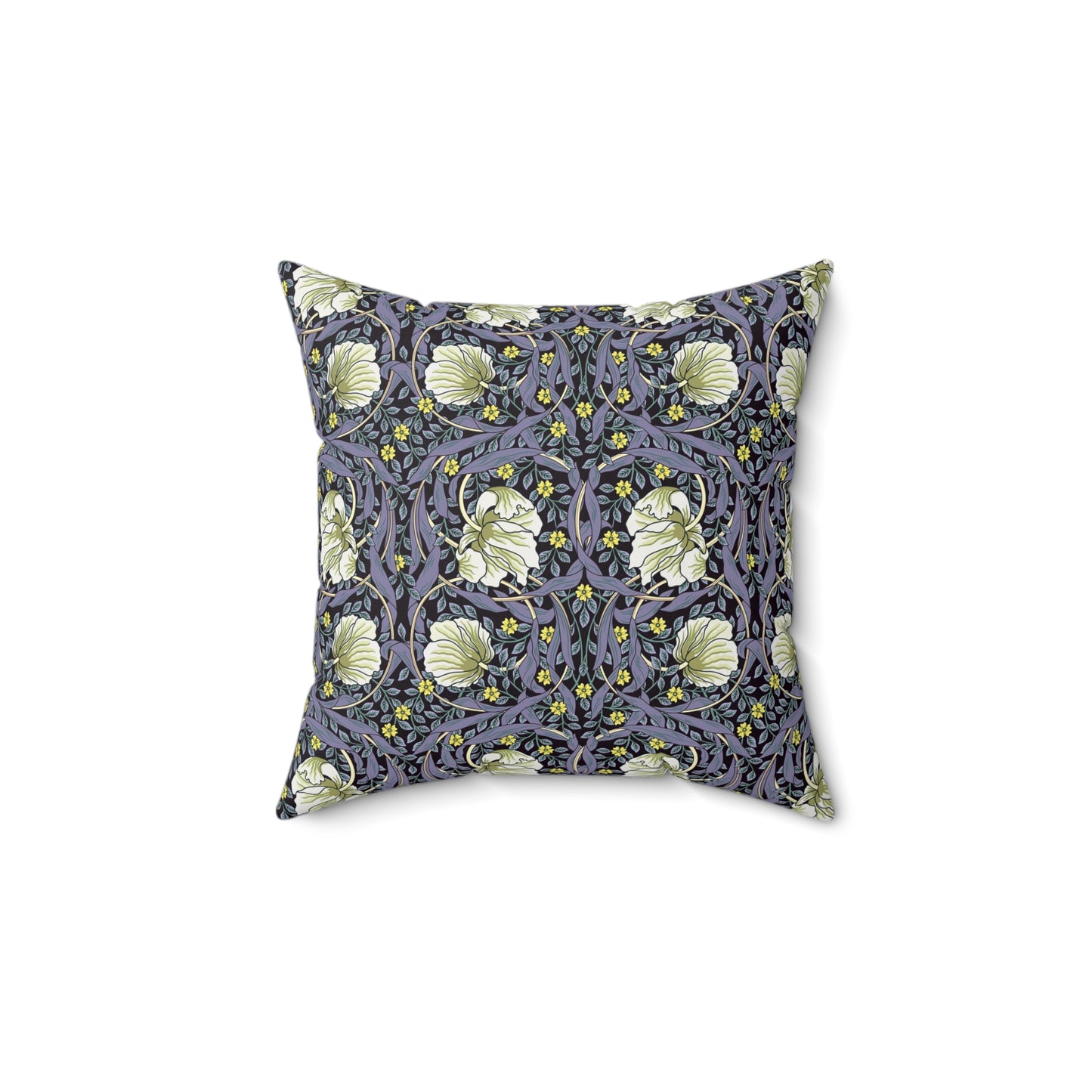 A square-shaped faux suede cushion with an floral William Morris & Co pattern called Pimpernel in shades of purple, green and yellow.