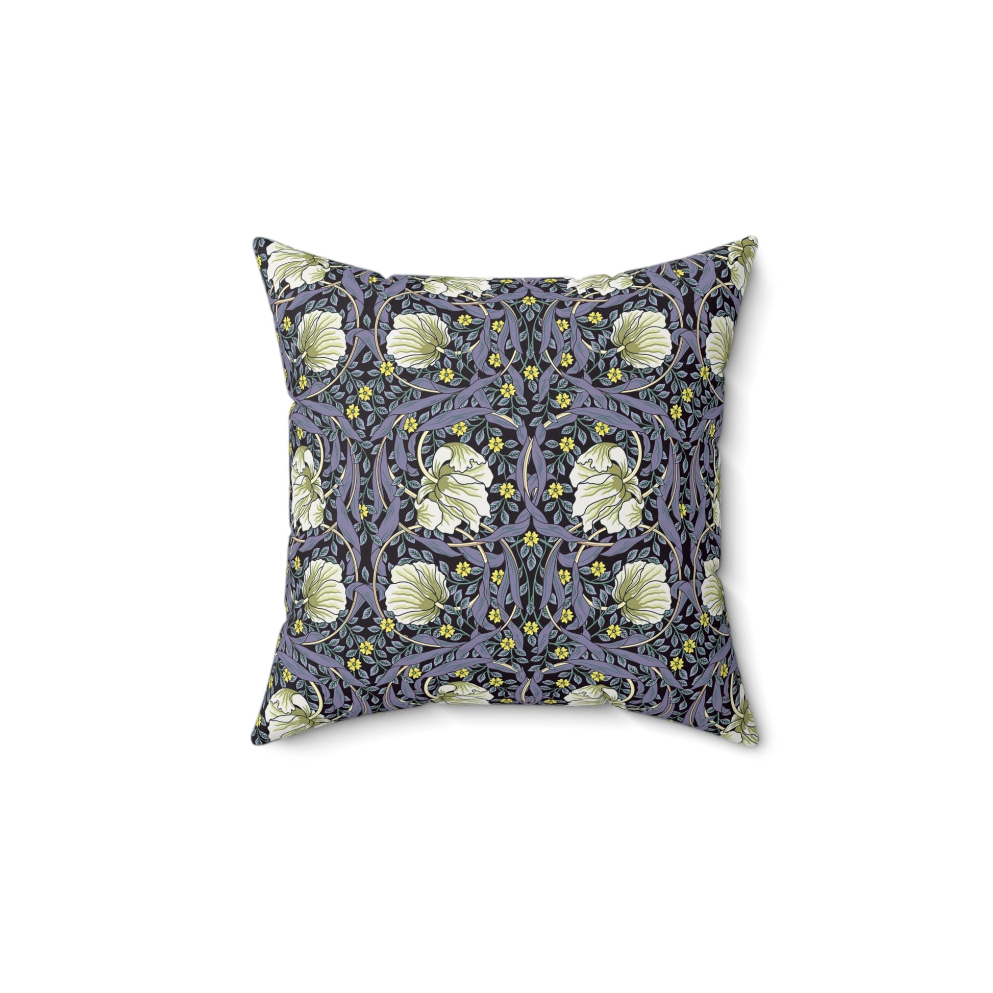 A square-shaped faux suede cushion with an floral William Morris & Co pattern called Pimpernel in shades of purple, green and yellow.