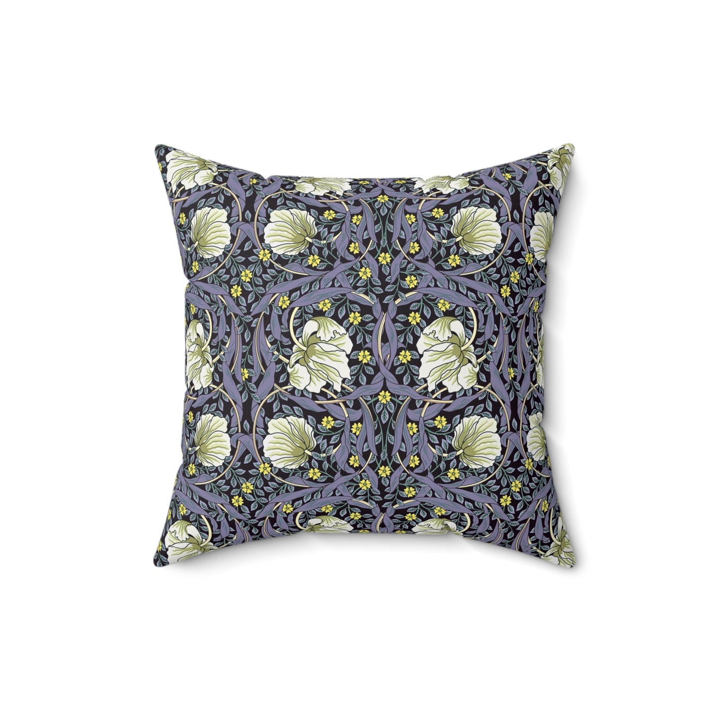 A square-shaped faux suede cushion with an floral William Morris & Co pattern called Pimpernel in shades of purple, green and yellow.