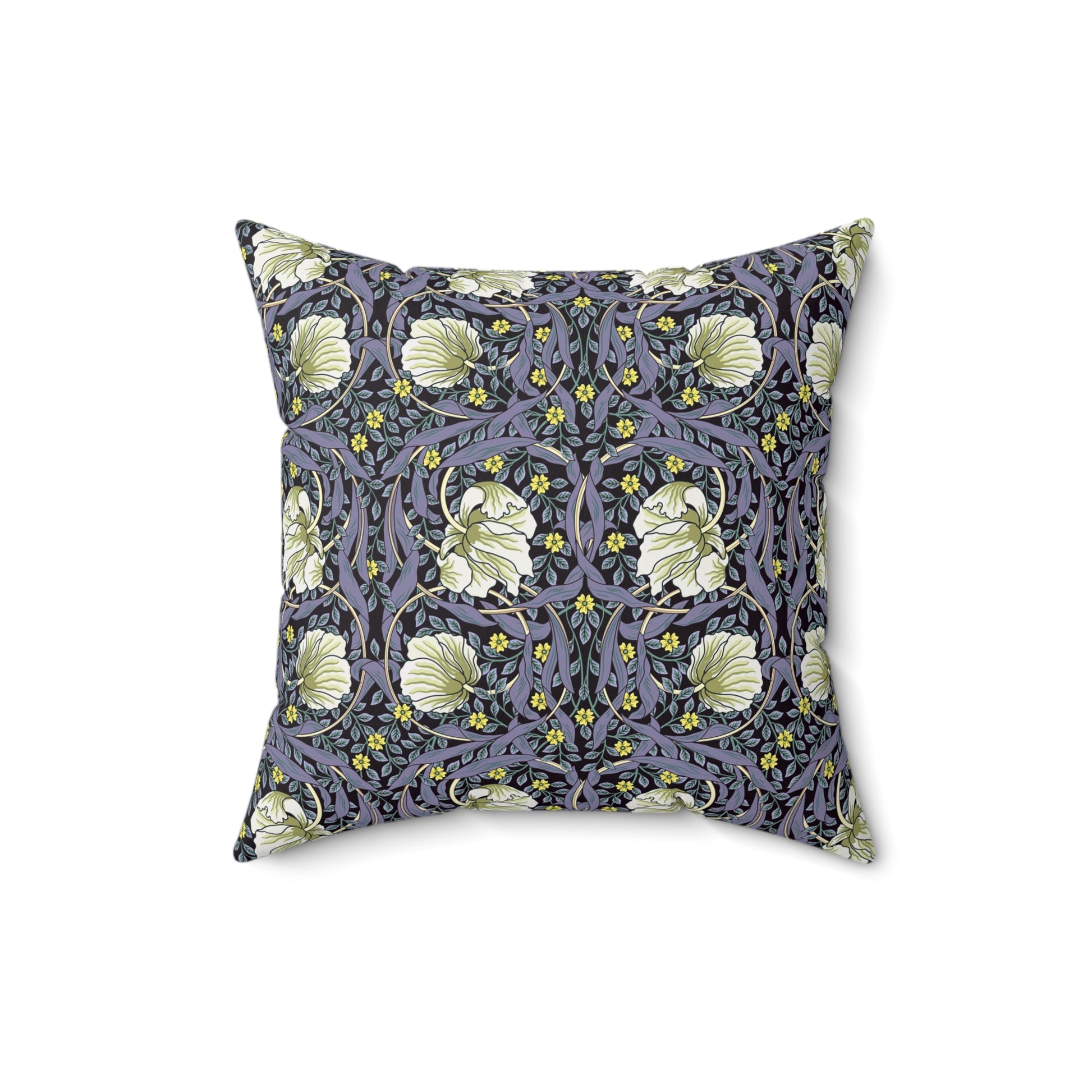 A square-shaped faux suede cushion with an floral William Morris & Co pattern called Pimpernel in shades of purple, green and yellow.