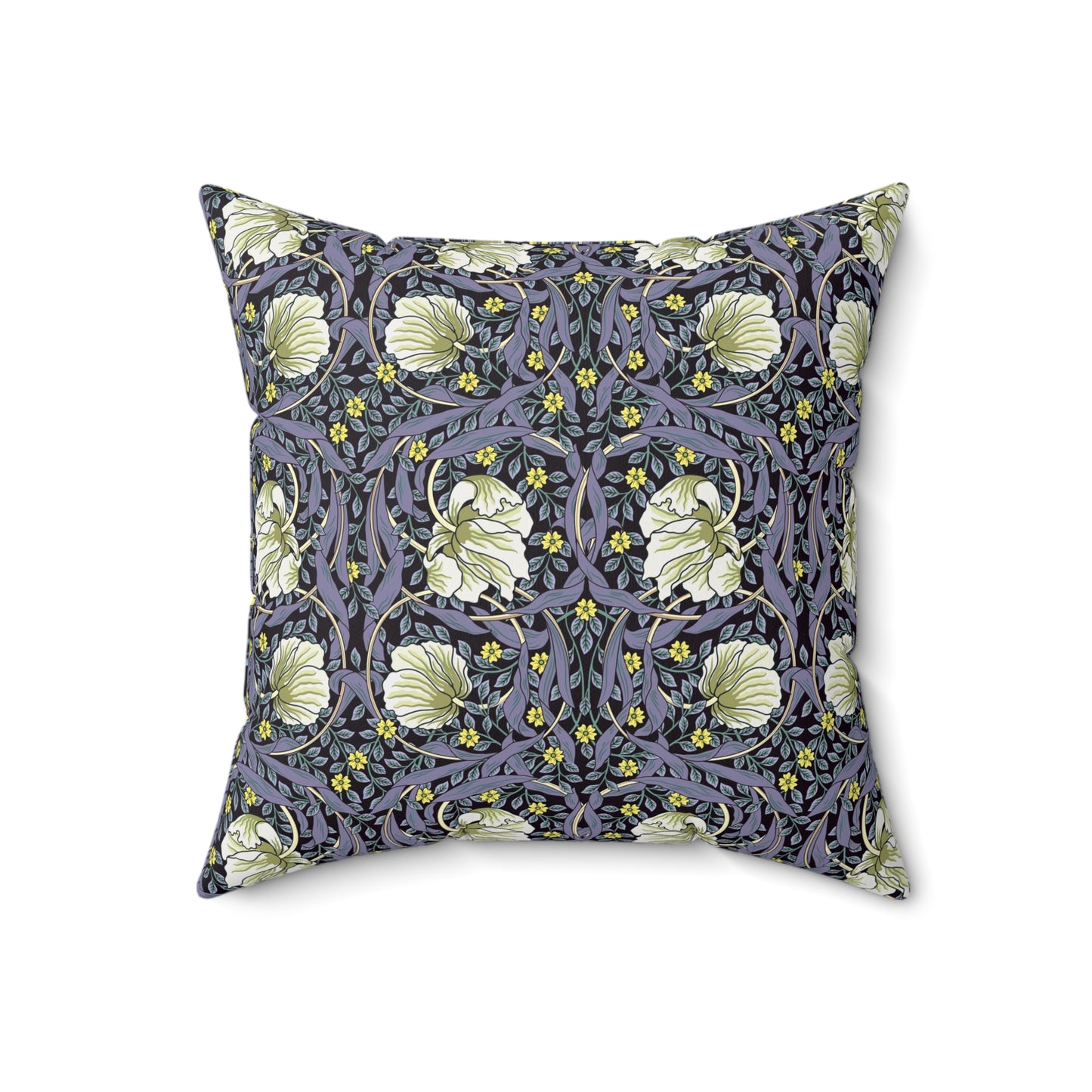 A square-shaped faux suede cushion with an floral William Morris & Co pattern called Pimpernel in shades of purple, green and yellow.