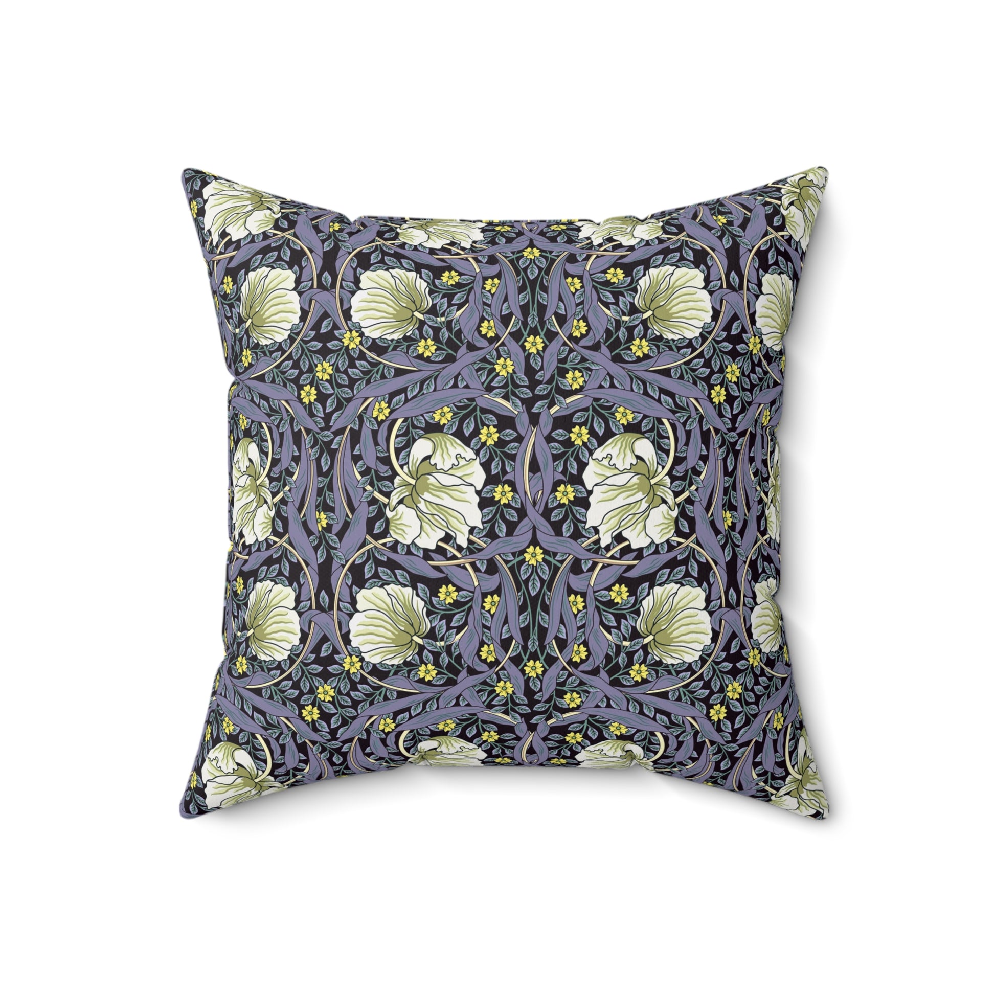 A square-shaped faux suede cushion with an floral William Morris & Co pattern called Pimpernel in shades of purple, green and yellow.