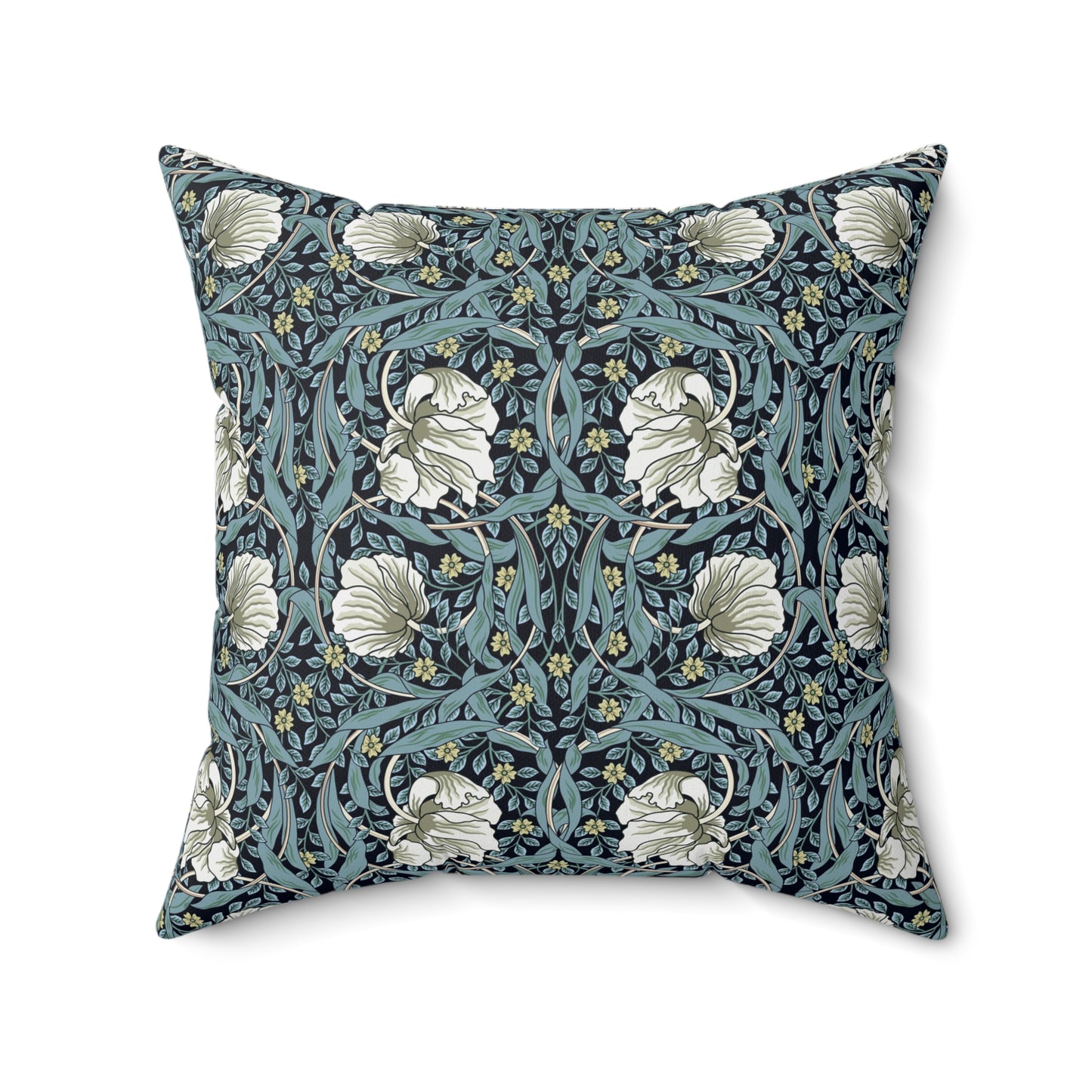 A square-shaped cushion with a floral William Morris & Co pattern called Pimpernel in shades of blue, yellow, beige and white.