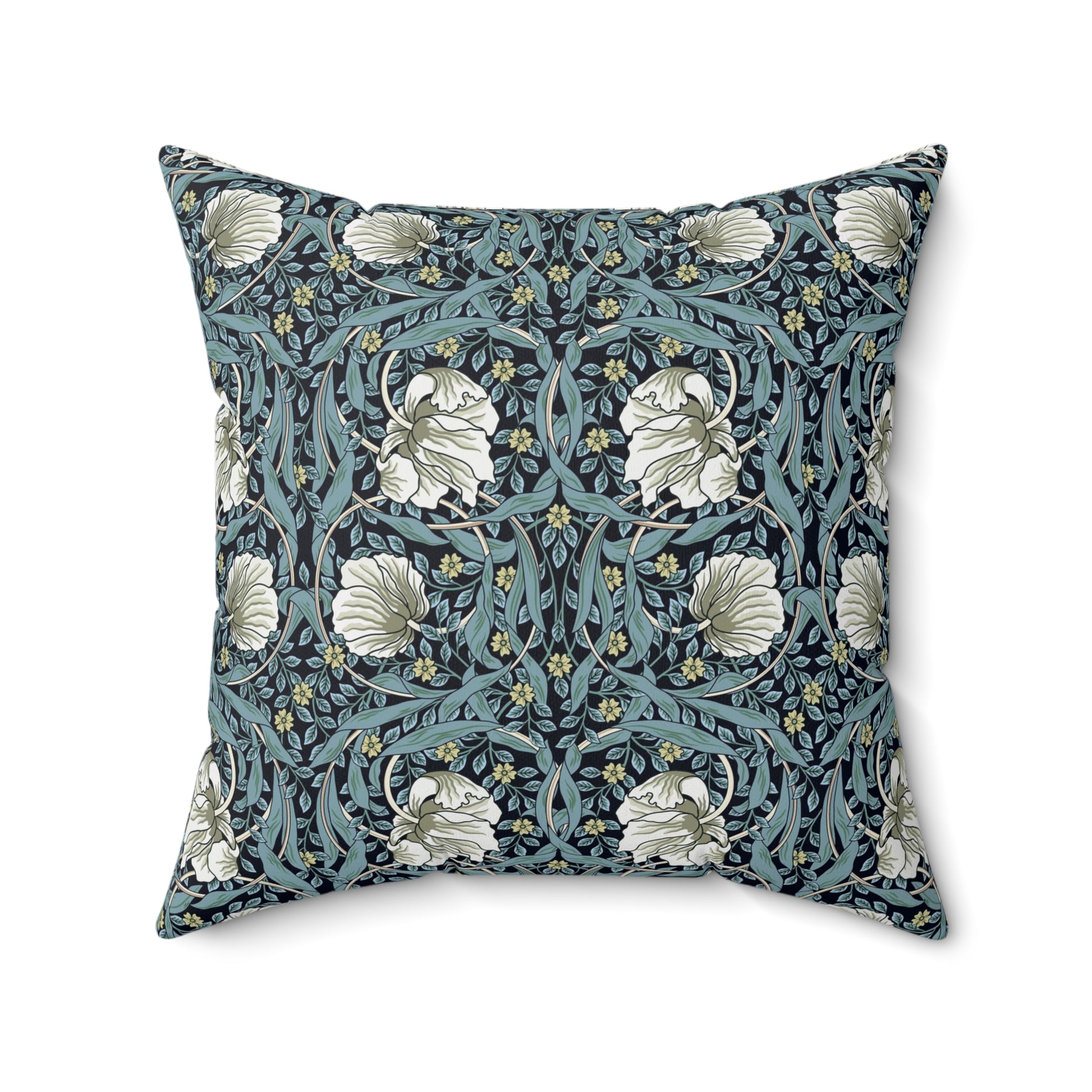 A square-shaped cushion with a floral William Morris & Co pattern called Pimpernel in shades of blue, yellow, beige and white.
