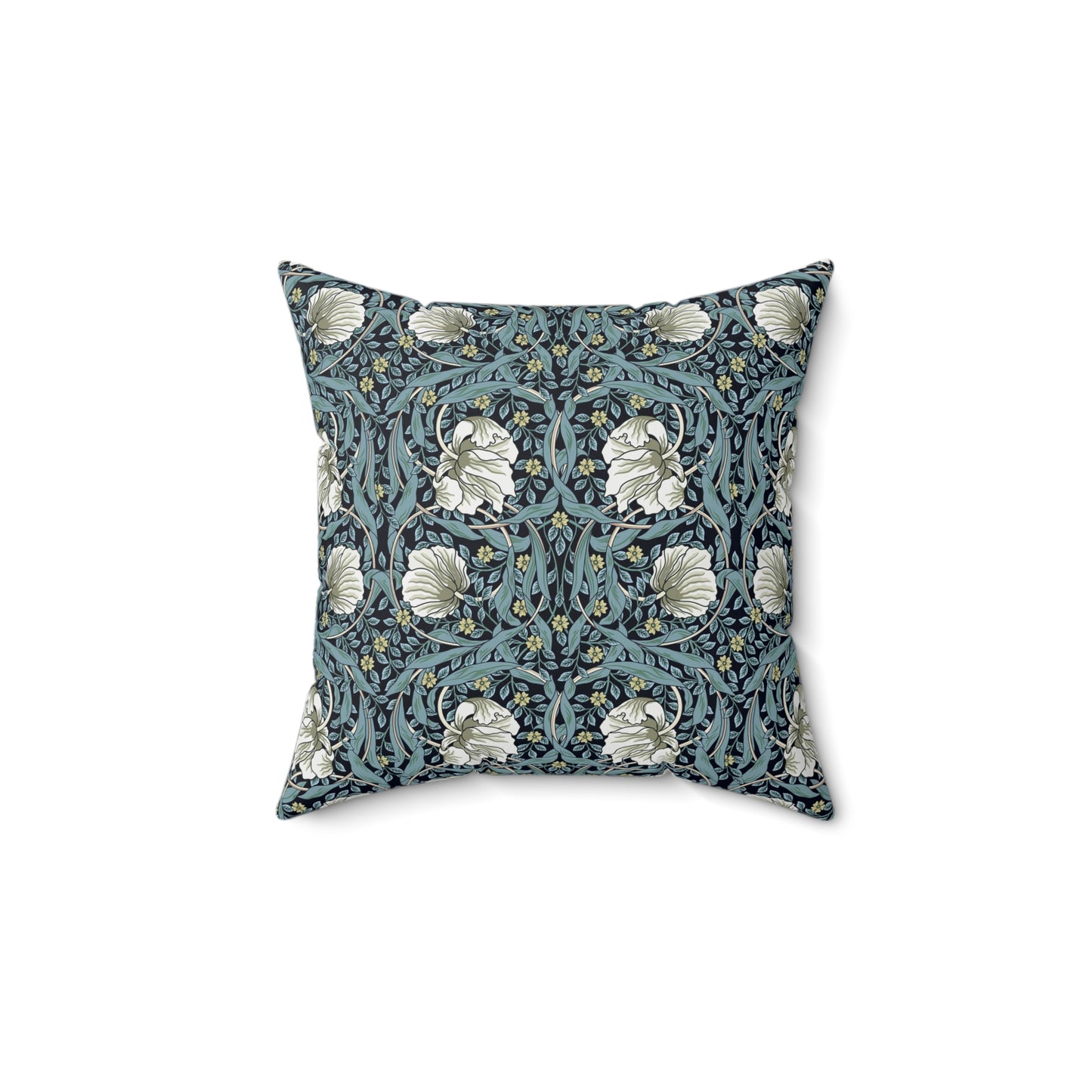 A square-shaped cushion with a floral William Morris & Co pattern called Pimpernel in shades of blue, yellow, beige and white.