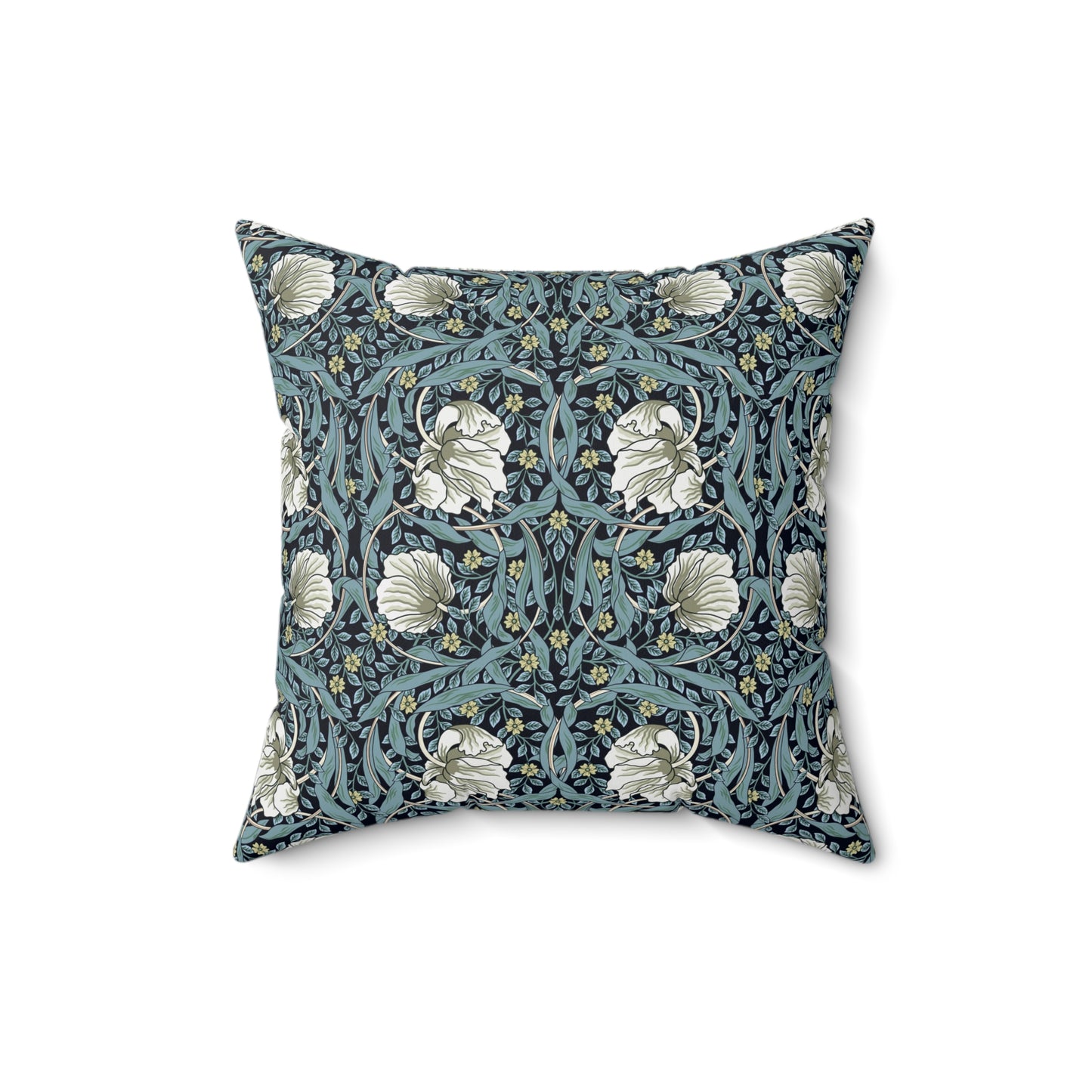 A square-shaped cushion with a floral William Morris & Co pattern called Pimpernel in shades of blue, yellow, beige and white.