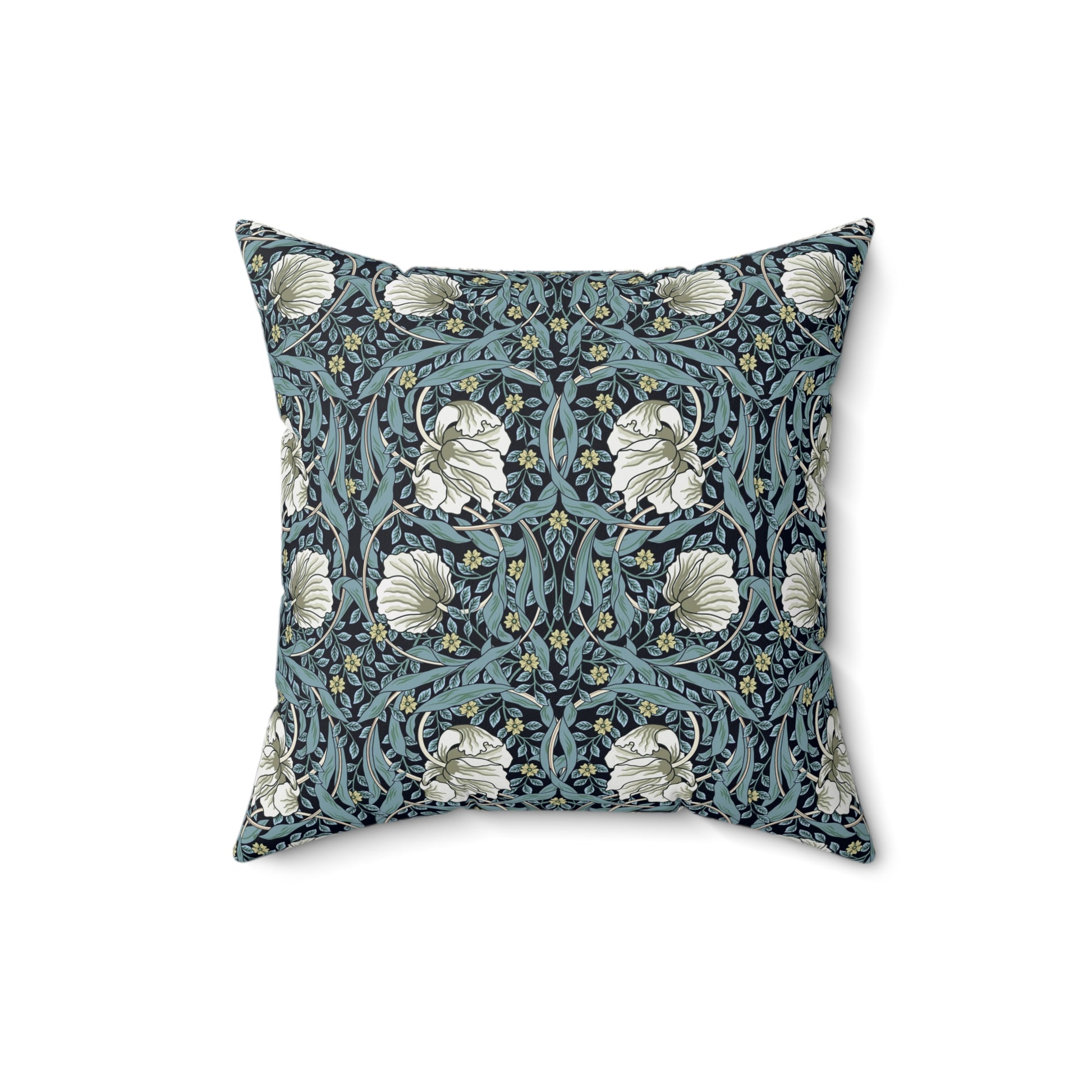 A square-shaped cushion with a floral William Morris & Co pattern called Pimpernel in shades of blue, yellow, beige and white.