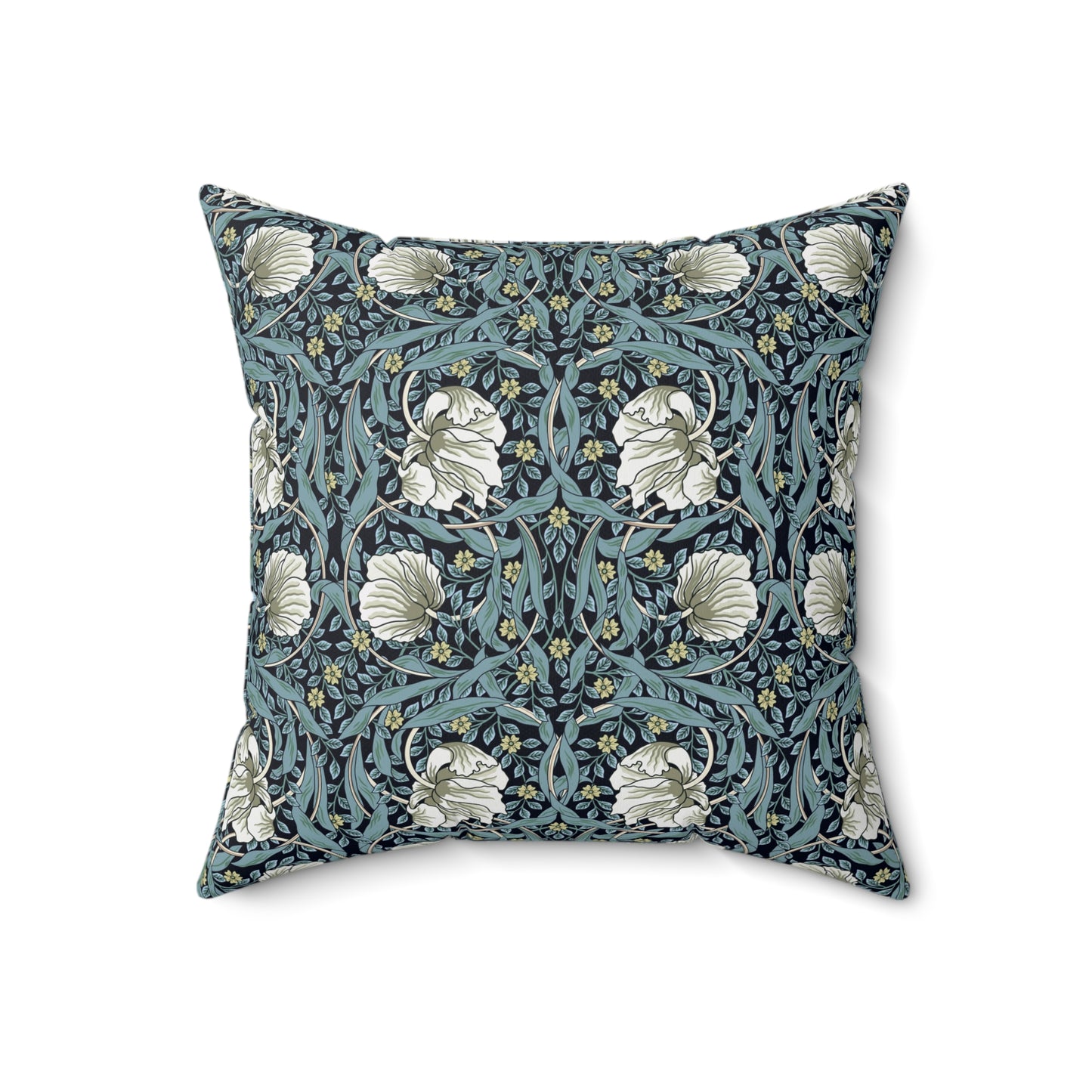 A square-shaped cushion with a floral William Morris & Co pattern called Pimpernel in shades of blue, yellow, beige and white.
