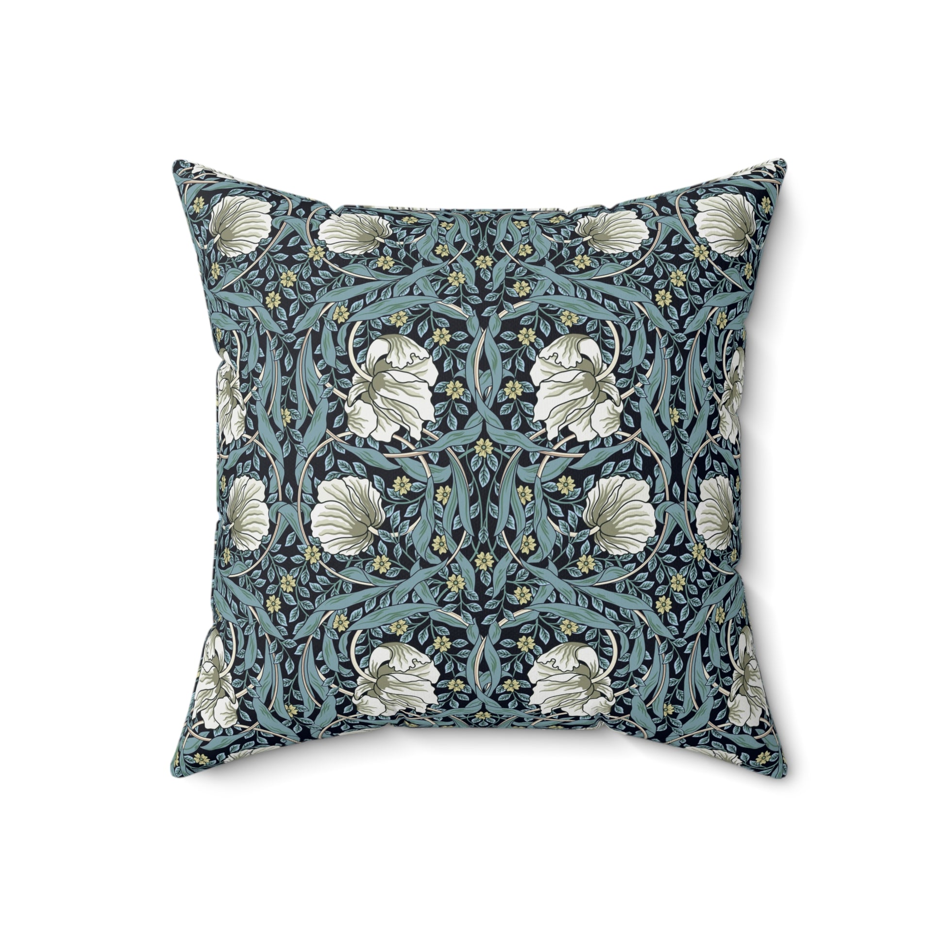 A square-shaped cushion with a floral William Morris & Co pattern called Pimpernel in shades of blue, yellow, beige and white.