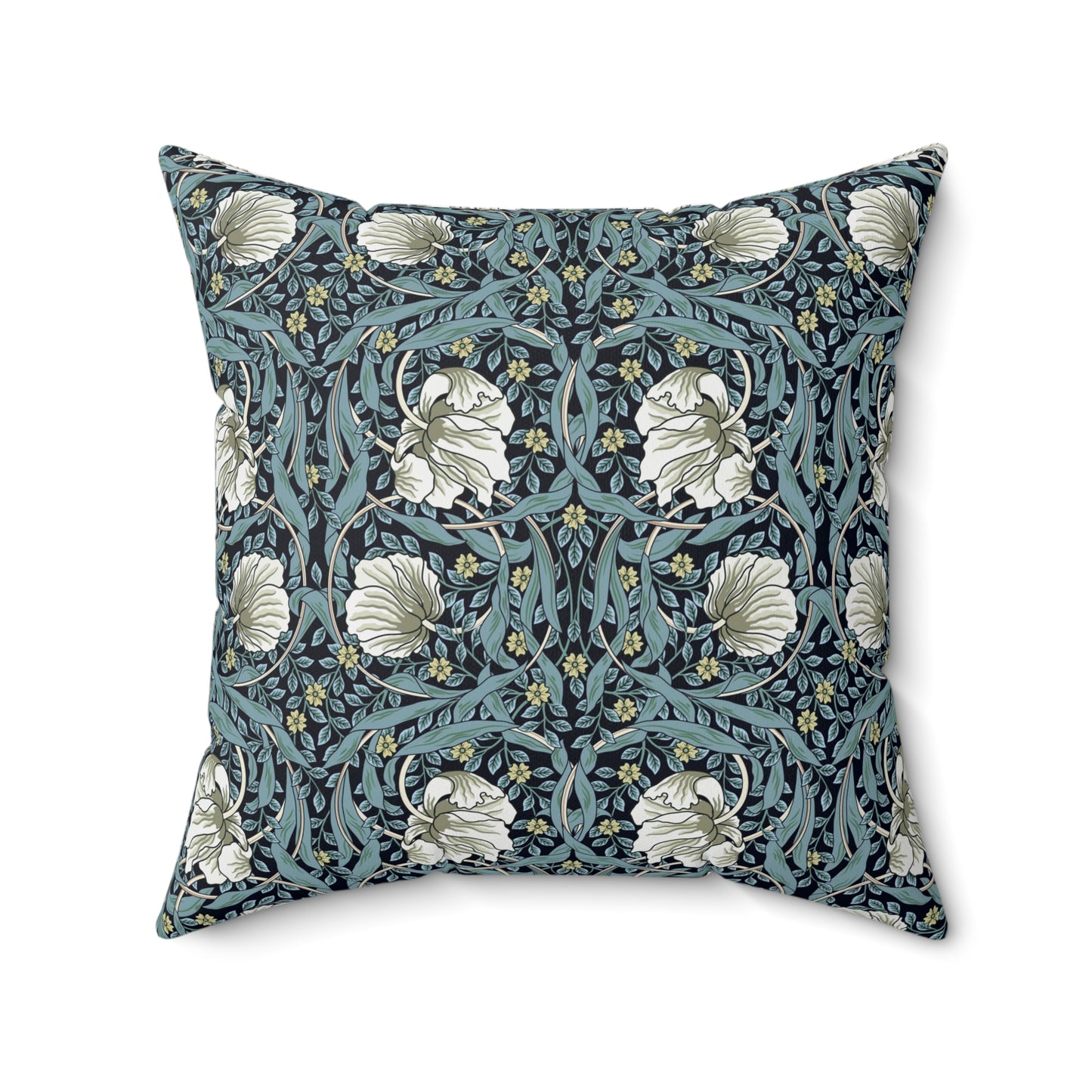 A square-shaped cushion with a floral William Morris & Co pattern called Pimpernel in shades of blue, yellow, beige and white.