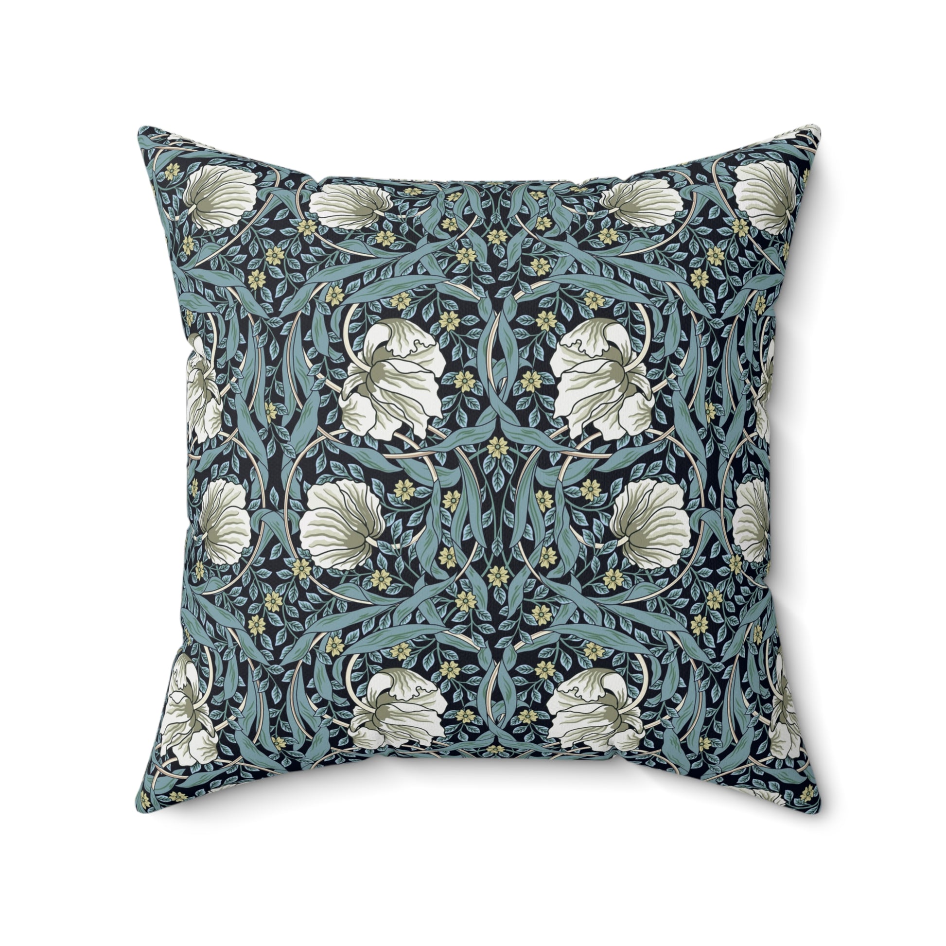 A square-shaped cushion with a floral William Morris & Co pattern called Pimpernel in shades of blue, yellow, beige and white.