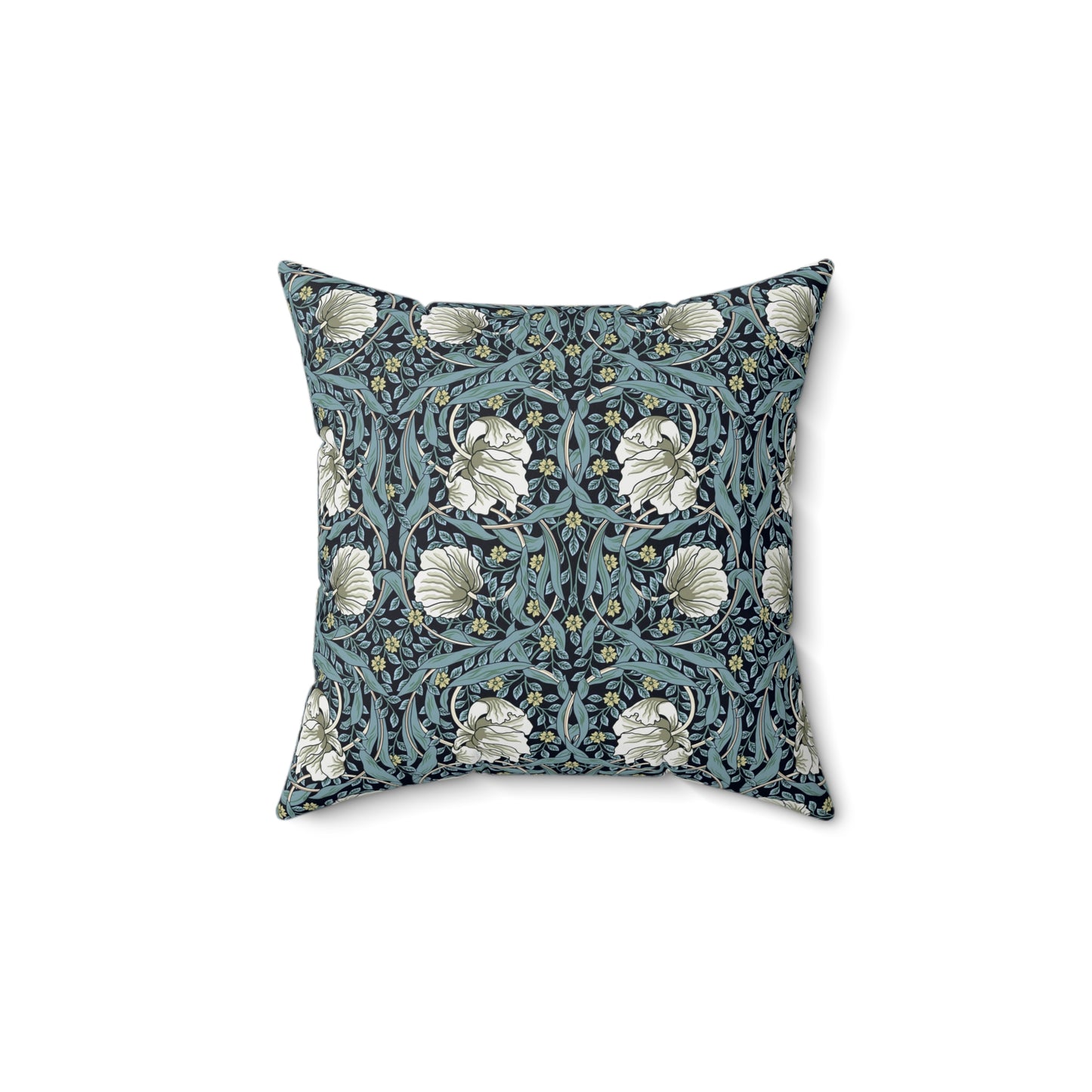 A square-shaped cushion with a floral William Morris & Co pattern called Pimpernel in shades of blue, yellow, beige and white.