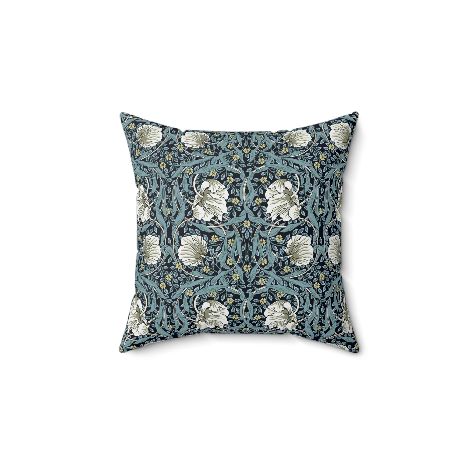 A square-shaped cushion with a floral William Morris & Co pattern called Pimpernel in shades of blue, yellow, beige and white.
