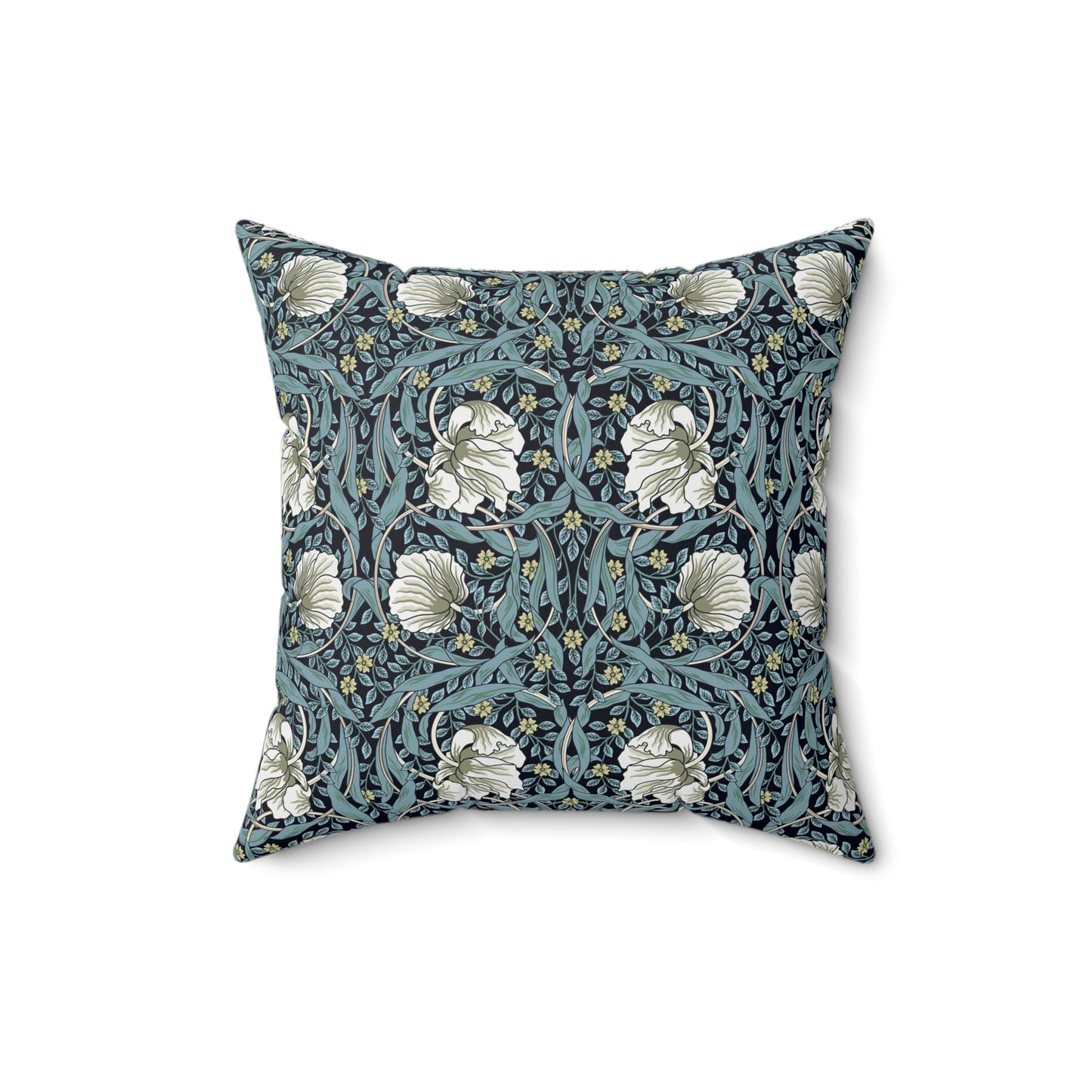 A square-shaped cushion with a floral William Morris & Co pattern called Pimpernel in shades of blue, yellow, beige and white.