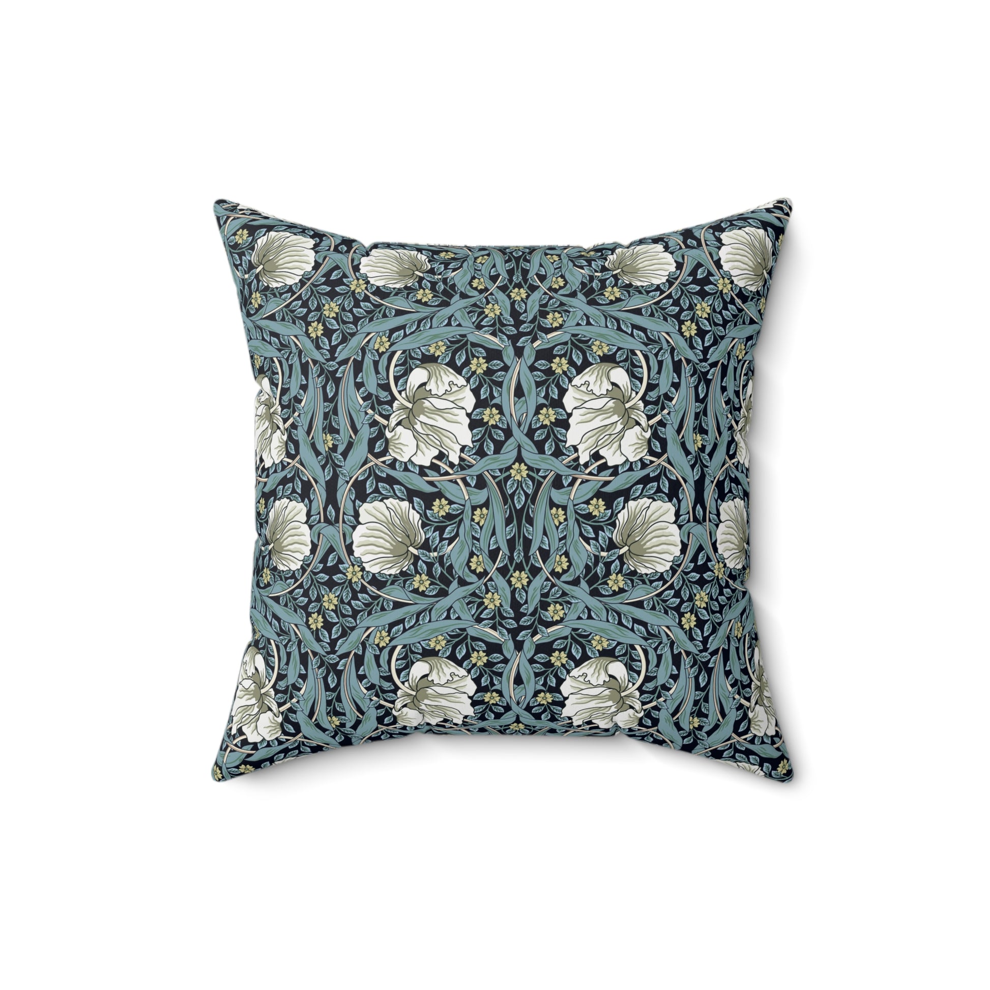 A square-shaped cushion with a floral William Morris & Co pattern called Pimpernel in shades of blue, yellow, beige and white.