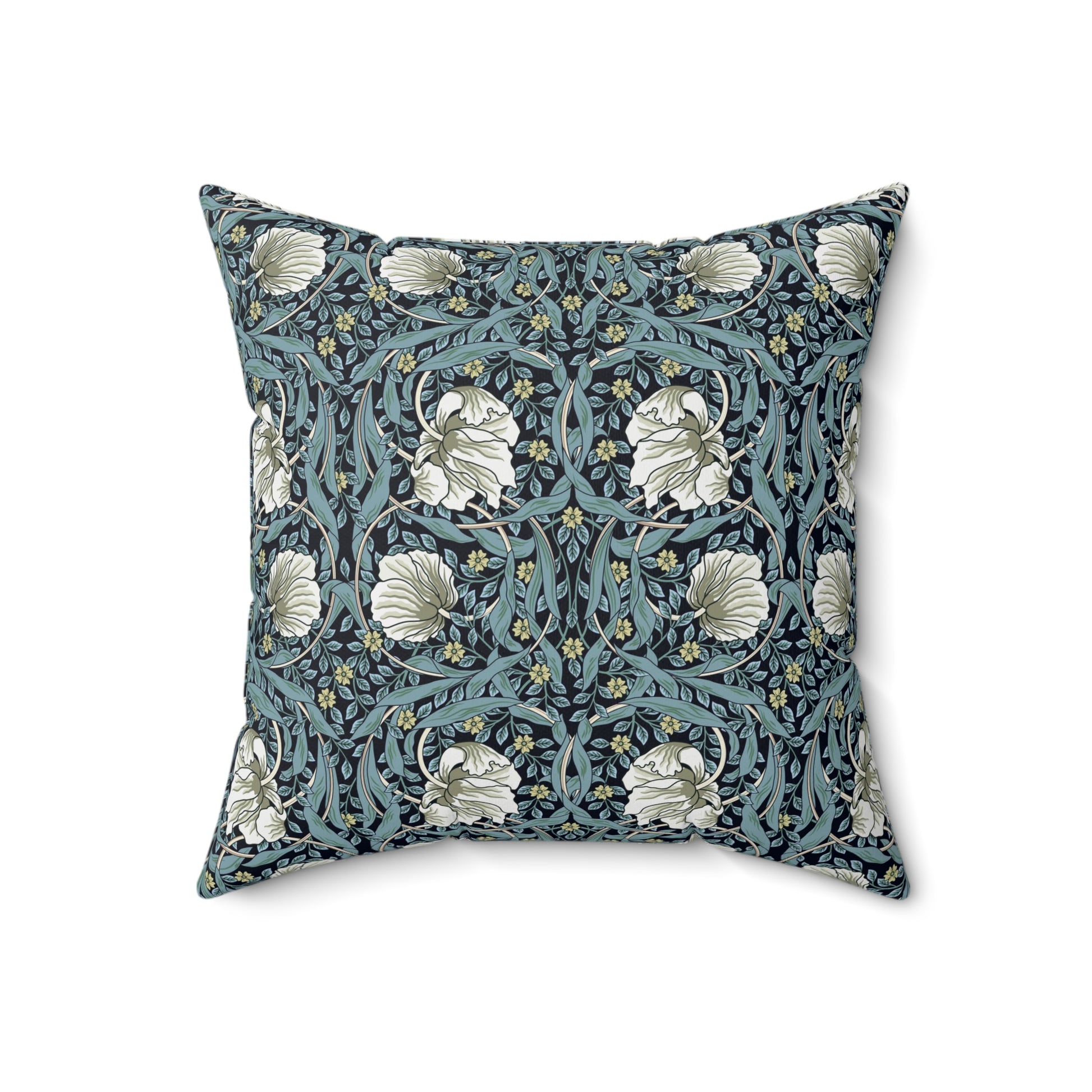 A square-shaped cushion with a floral William Morris & Co pattern called Pimpernel in shades of blue, yellow, beige and white.