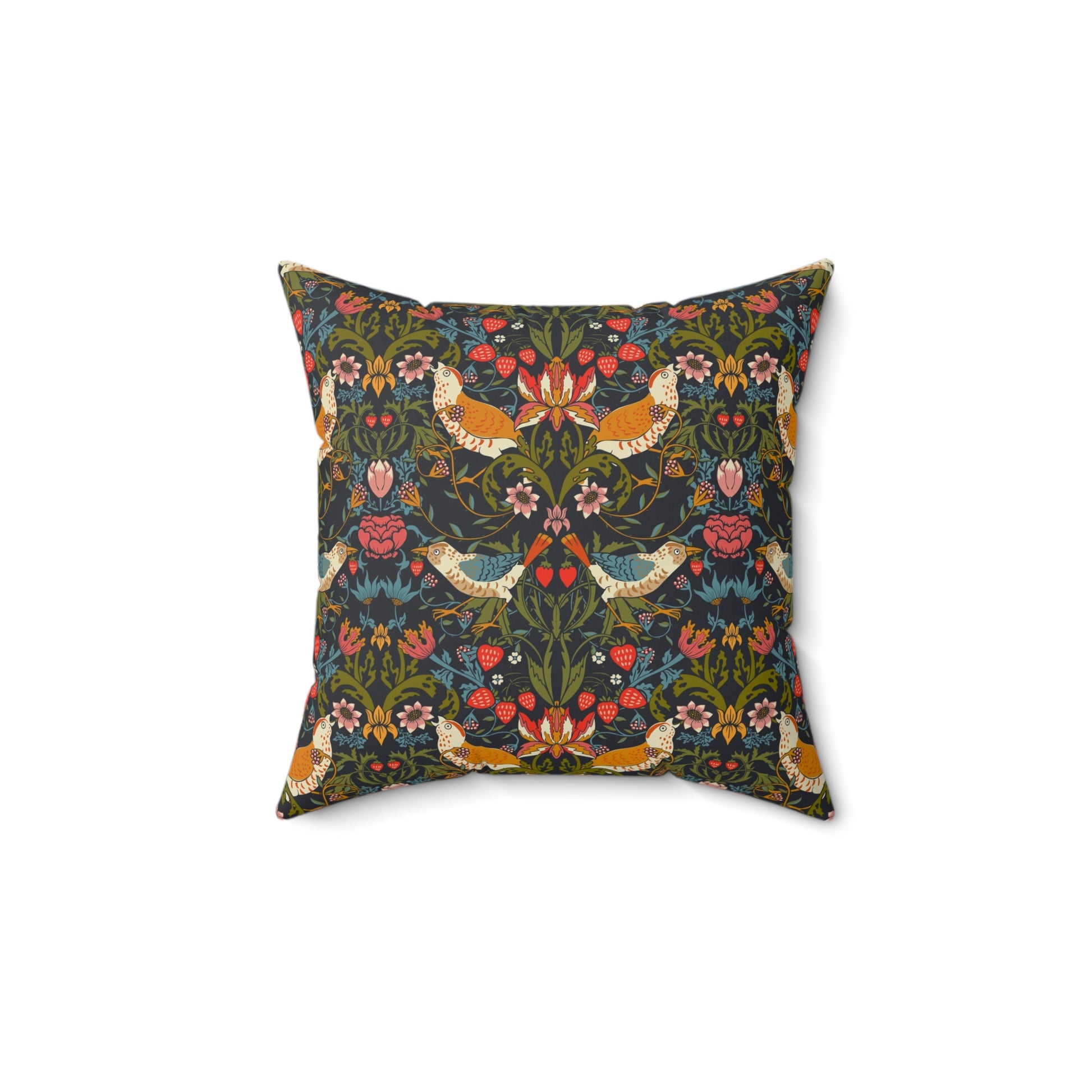 Decorative pillow with floral and bird pattern on a white background