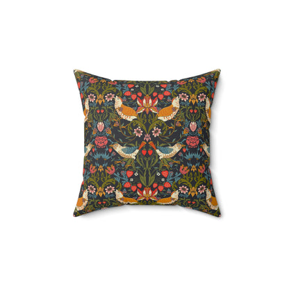 Decorative pillow with floral and bird pattern on a white background