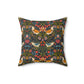 Decorative pillow with a floral and bird pattern on a dark background