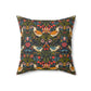 Decorative pillow with a floral and bird pattern on a white background