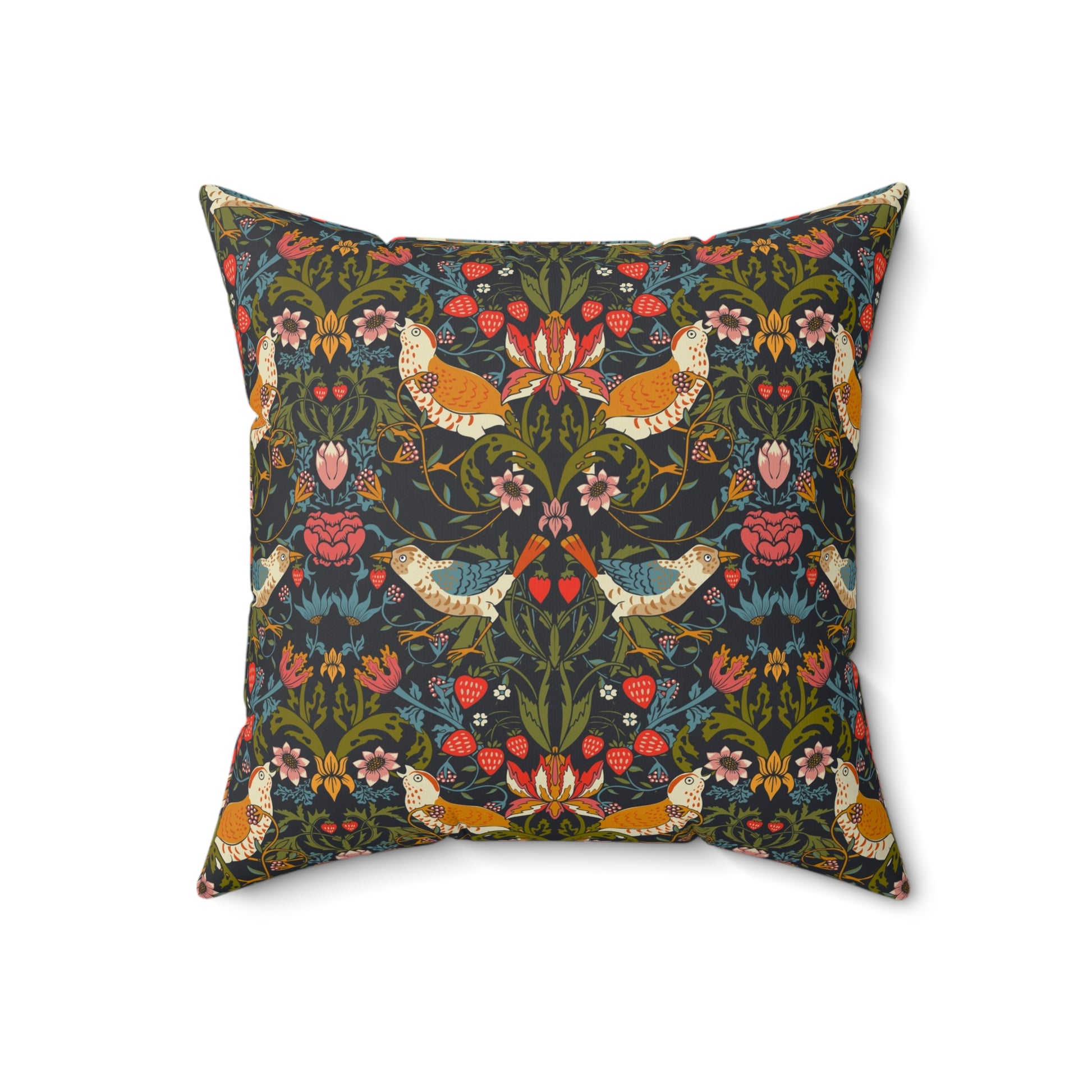Decorative pillow with a floral and bird pattern on a white background