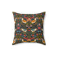 Decorative pillow with a floral and bird pattern on a dark background