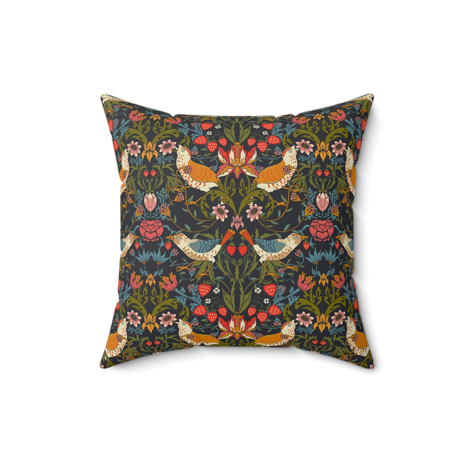 Decorative pillow with a floral and bird pattern on a dark background