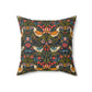 Decorative pillow with a floral and bird pattern on a white background