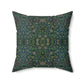 A square-shaped green faux suede cushion with a William Morris & Co floral pattern and a concealed zipper.