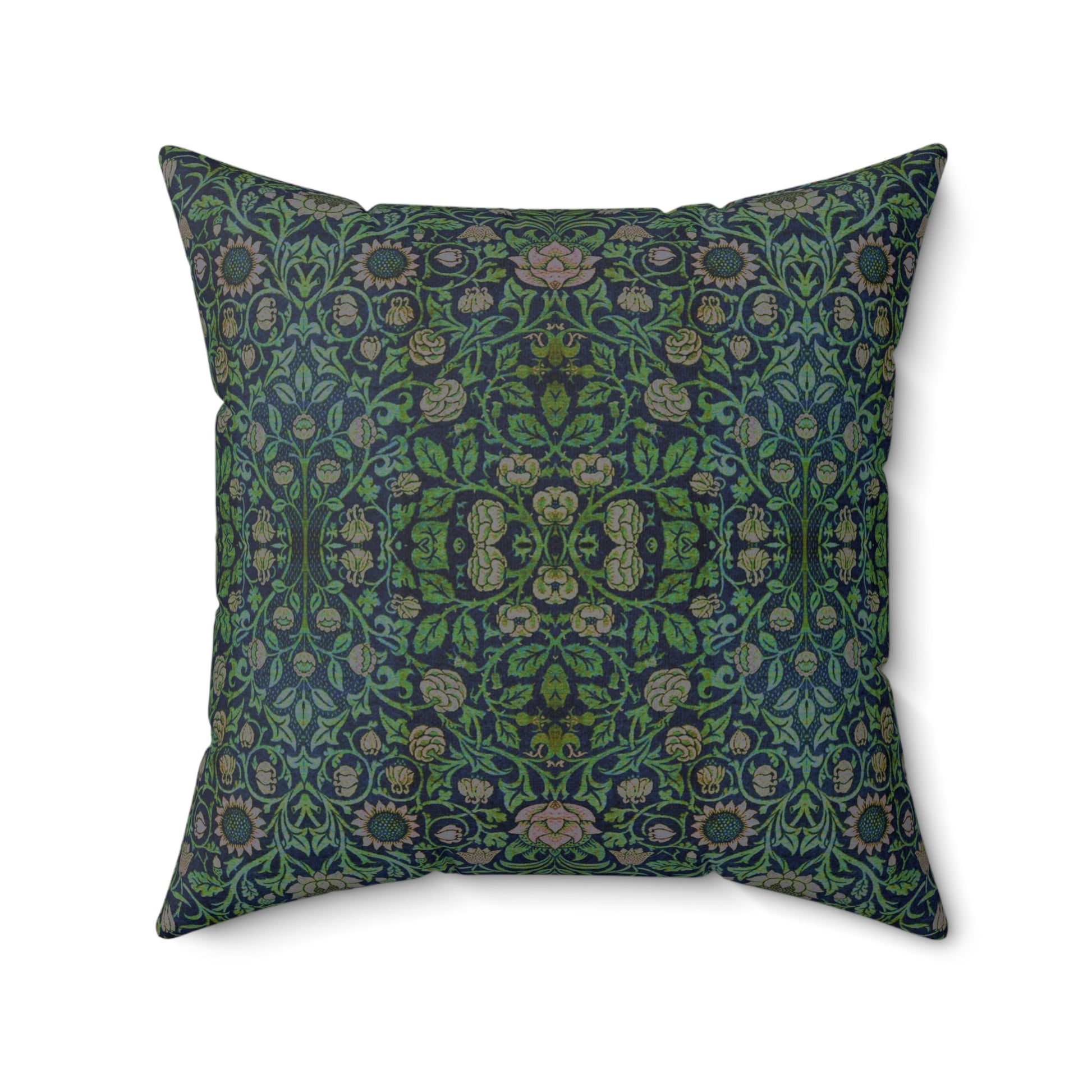 A square-shaped green faux suede cushion with a William Morris & Co floral pattern and a concealed zipper.