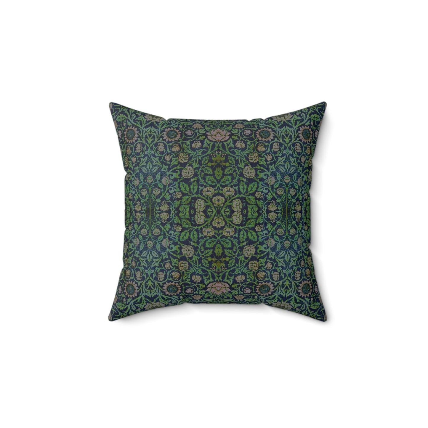 A square-shaped green faux suede cushion with a William Morris & Co floral pattern and a concealed zipper.