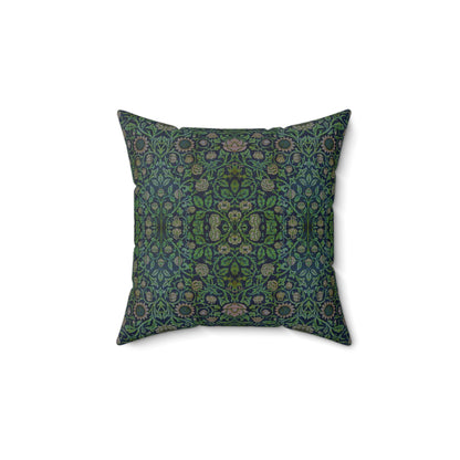 A square-shaped green faux suede cushion with a William Morris & Co floral pattern and a concealed zipper.