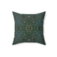 A square-shaped green faux suede cushion with a William Morris & Co floral pattern and a concealed zipper.