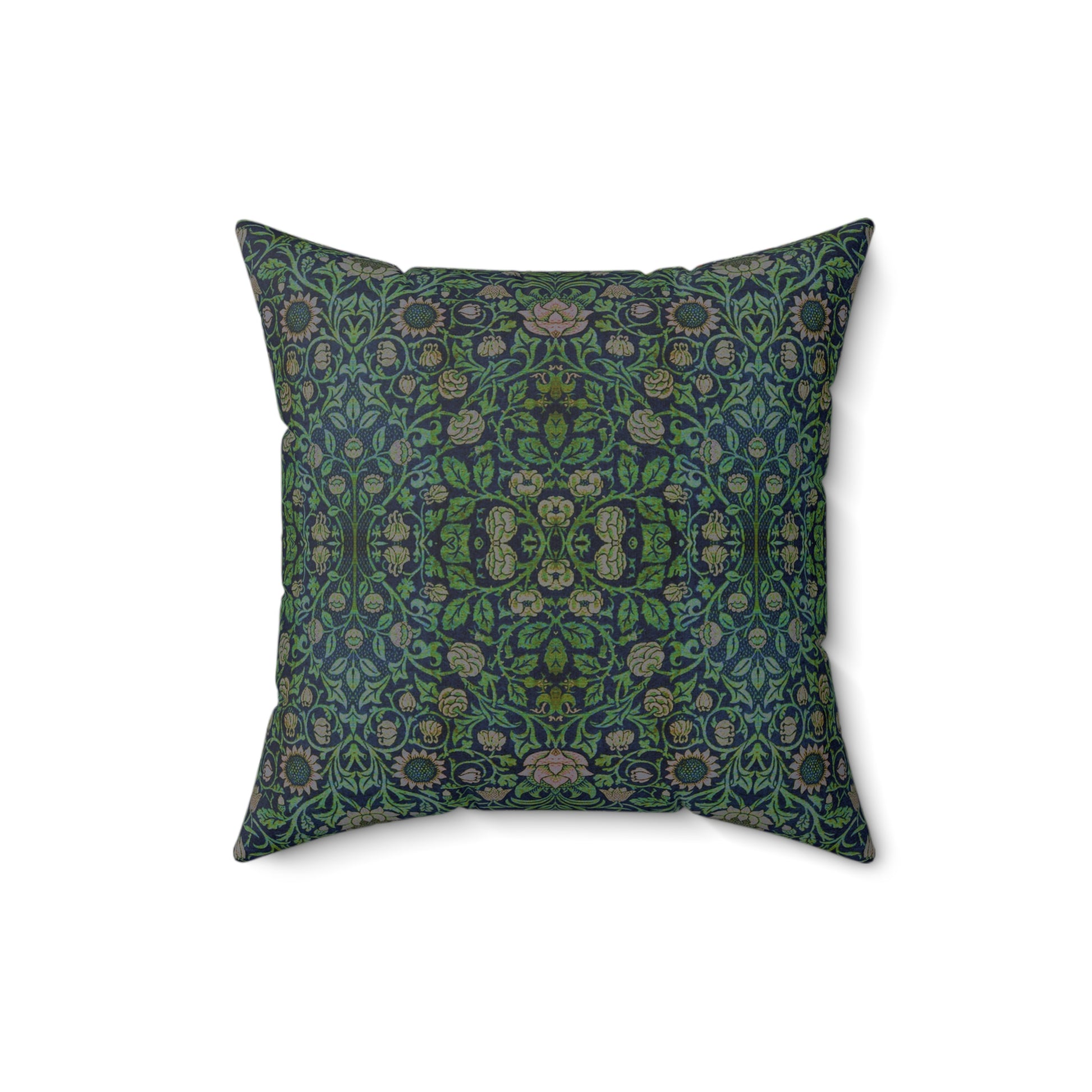 A square-shaped green faux suede cushion with a William Morris & Co floral pattern and a concealed zipper.