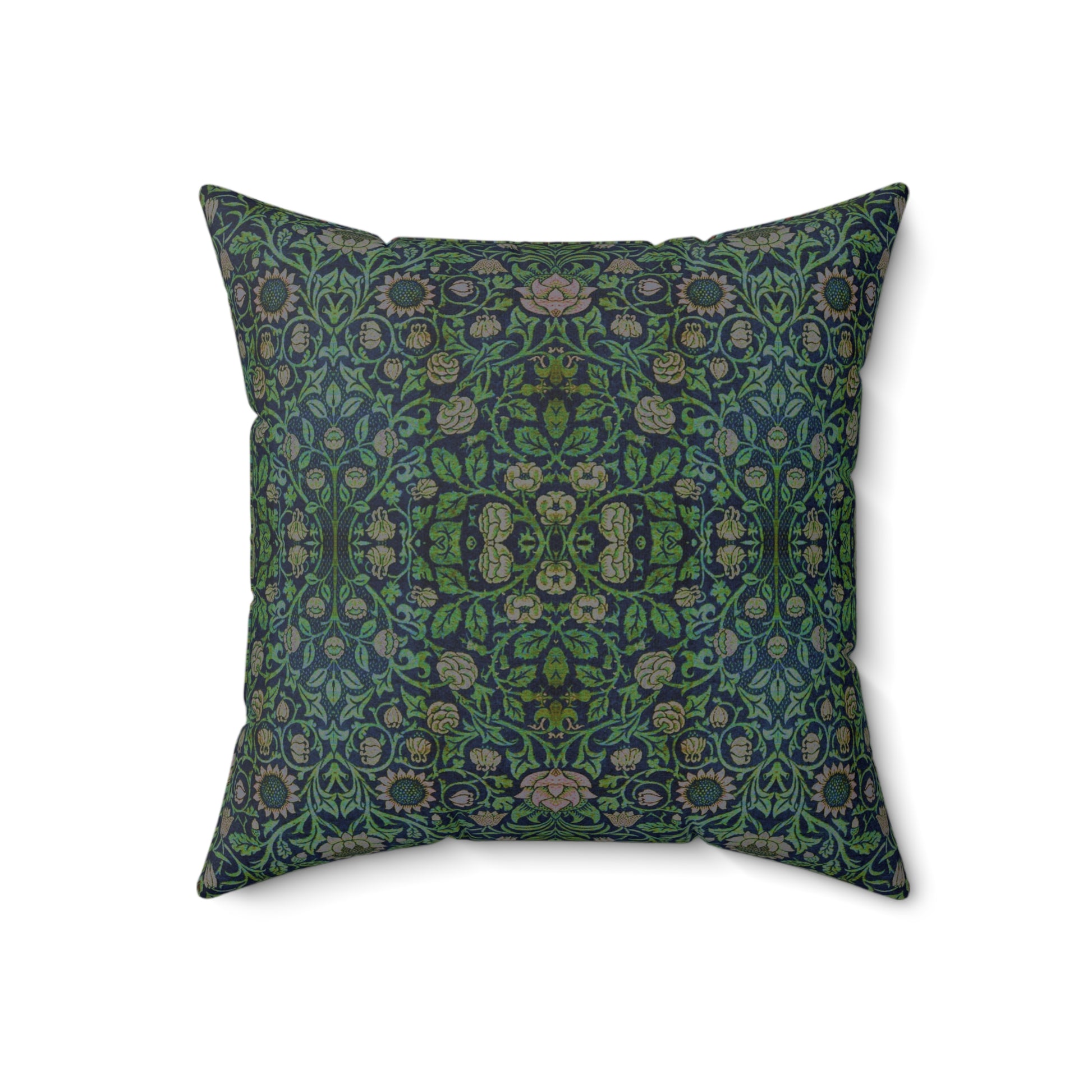 A square-shaped green faux suede cushion with a William Morris & Co floral pattern and a concealed zipper.