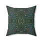 A square-shaped green faux suede cushion with a William Morris & Co floral pattern and a concealed zipper.